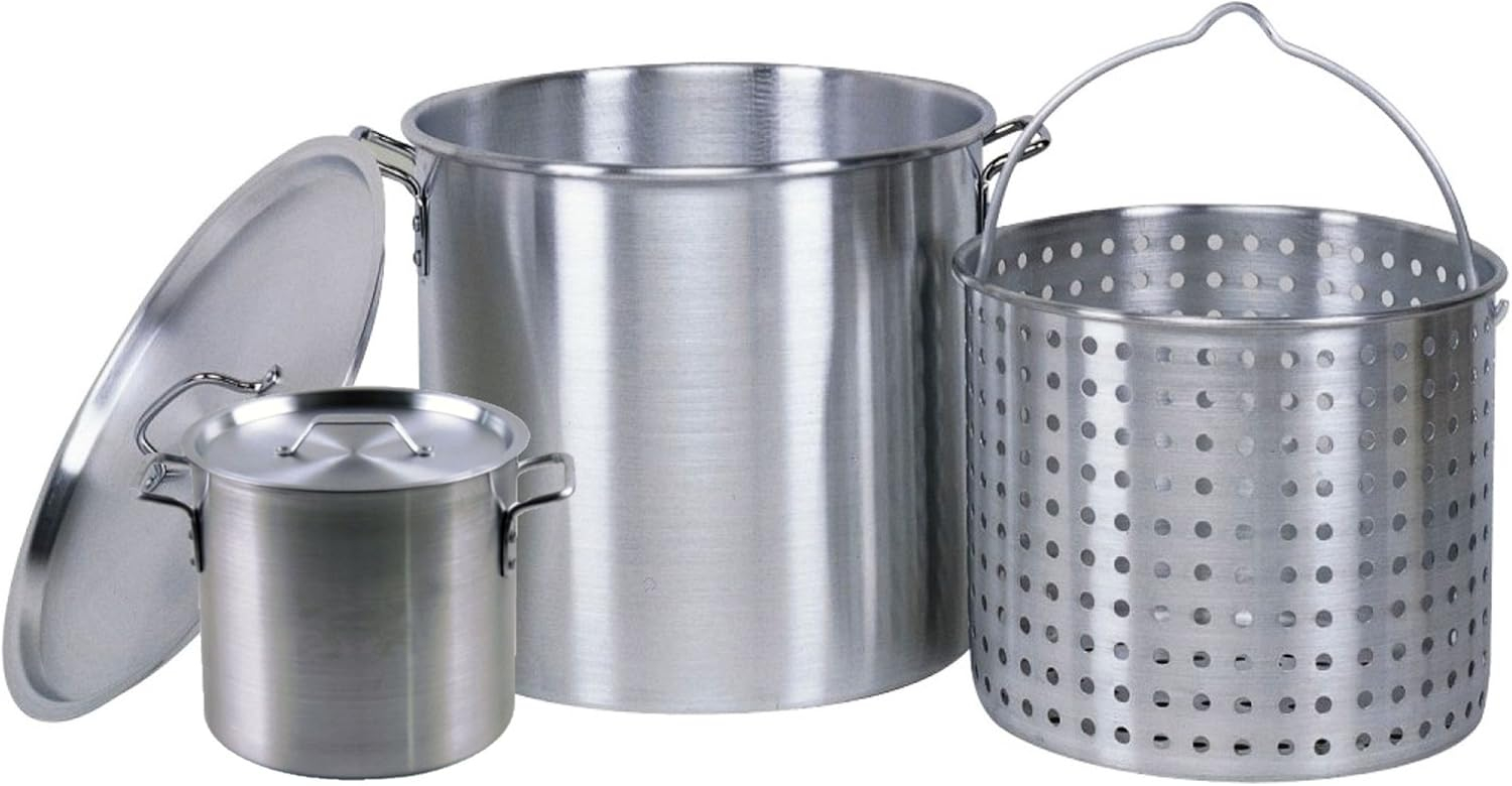 Professional Grade 80 Quart All Purpose Boiling Pot with Basket (3pc) plus a Bonus 12 Quart Stock Pot (2pc) .