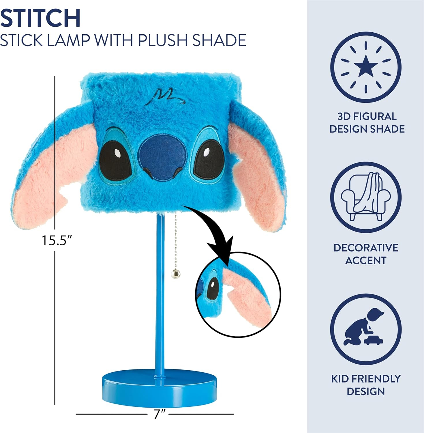 Idea Nuova Disney Stitch Plush Table Lamp,15.5" Figural Lamp with Soft Shade & Pull Chain,Kids Bedroom or Nursery Nightstand Light,Blue