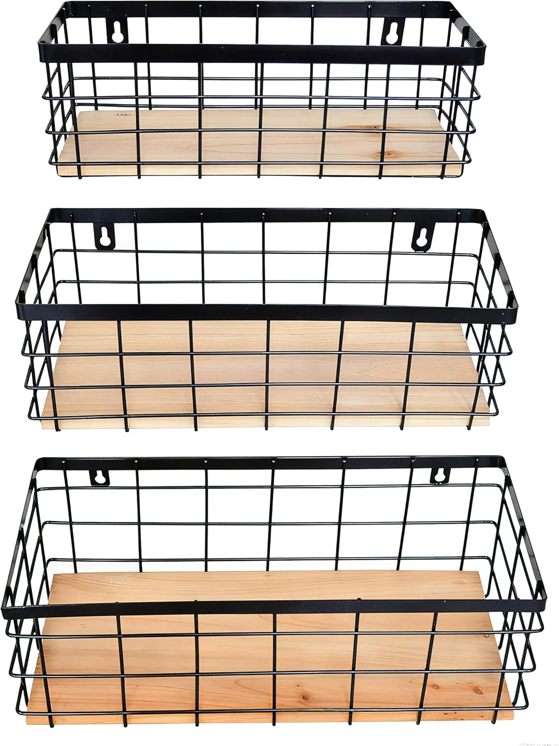 Metal Wire Basket Detachable Wood Base Storage Organizer Farmhouse Small Bins for Kitchen Cabinets, Bathroom, Pantry, Laundry Room, Closets Set of 2,Black Color