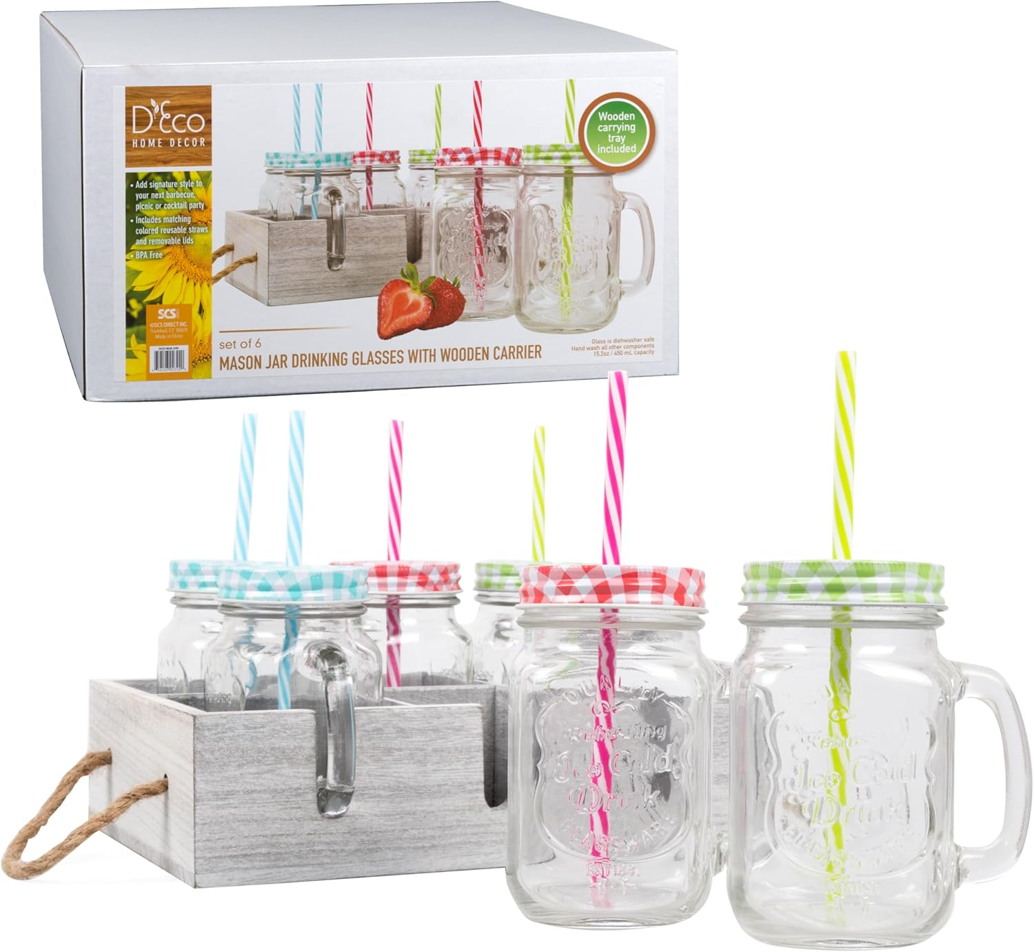 Deco Glass Drinking Mason Jar Cups with Handle & Wooden Carrier with Reusable Straws  Lids & Handles Set of 6  16oz