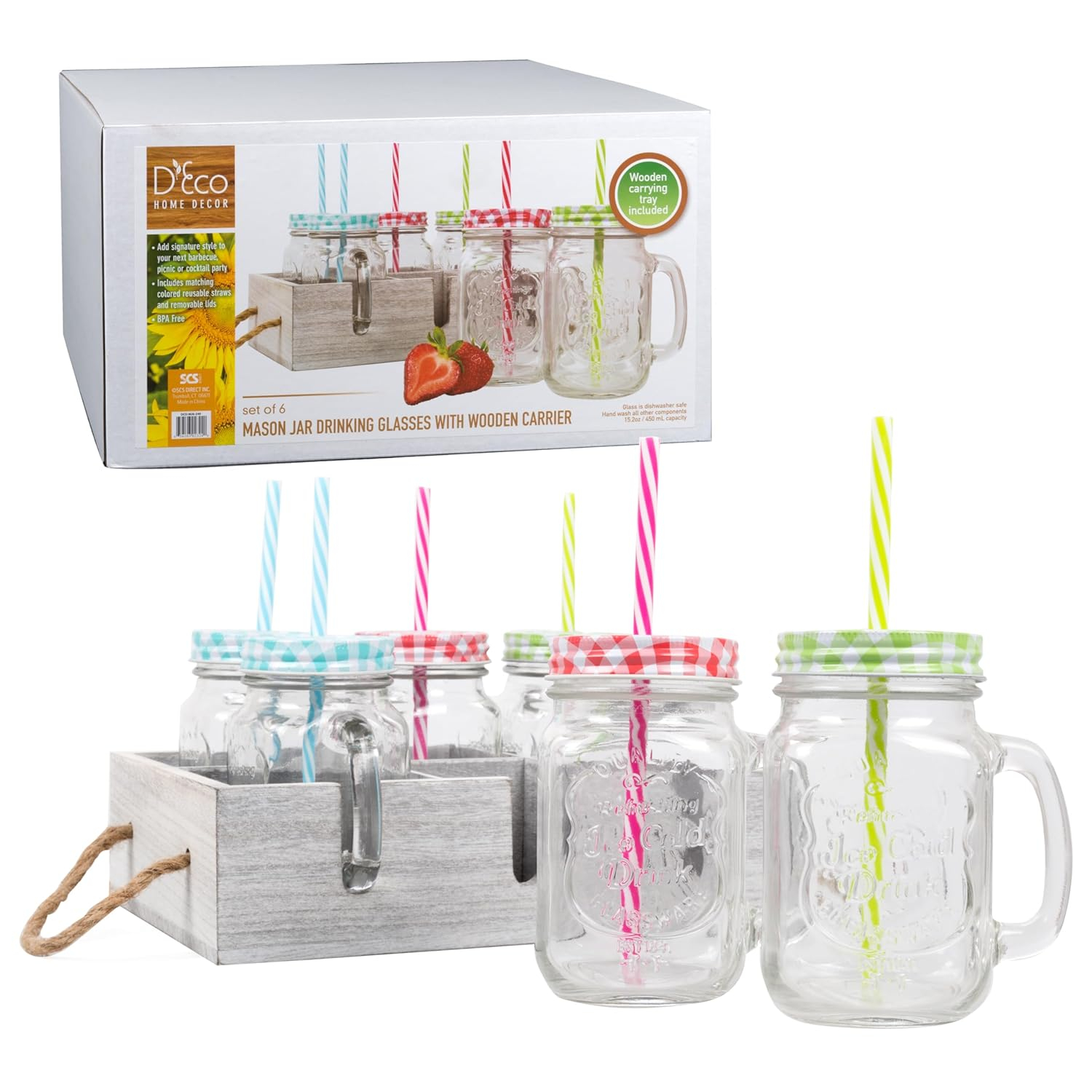 Deco Glass Drinking Mason Jar Cups with Handle & Wooden Carrier with Reusable Straws  Lids & Handles Set of 6  16oz