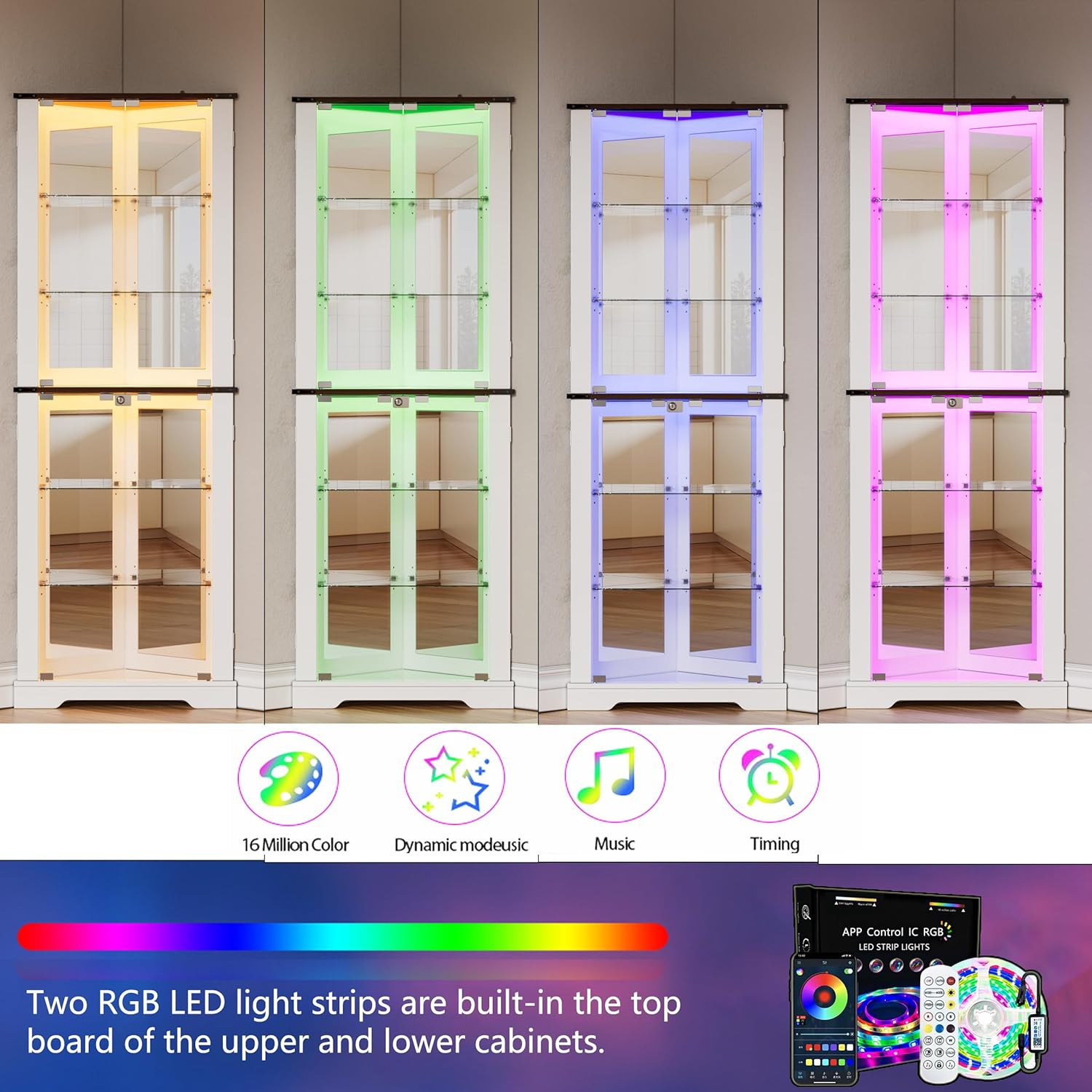 PAKASEPT 71'' Farmhouse Display Curio Cabinet with LED Lights,Tempered Glass Doors,6 Shelves,Corner Wine Cabinet Storage Rack for Bar and Liquor Storage,White (1, Triangular)