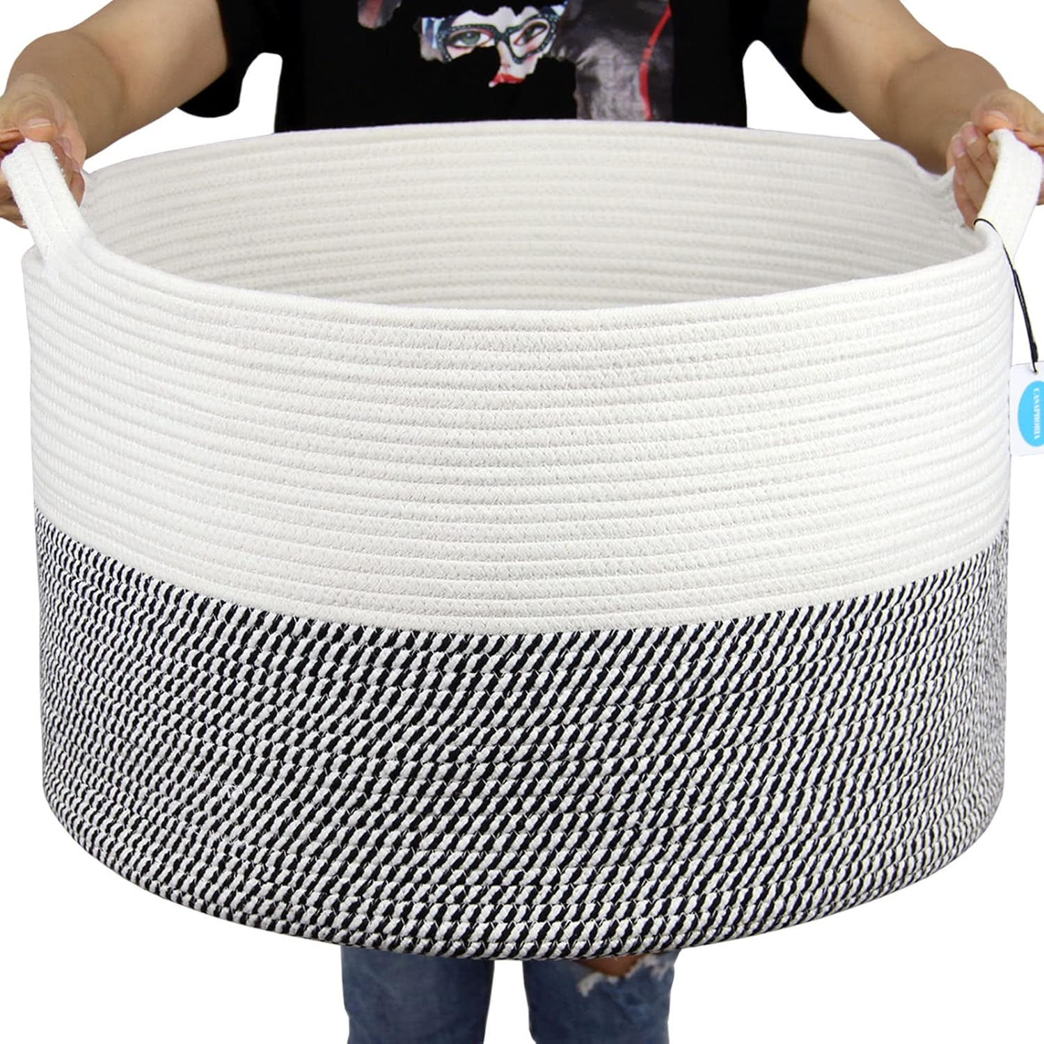 Casaphoria XXXLarge Cotton Rope Basket for Living Room - Woven Storage Basket with Handle for Blankets, Towels and Pillows Laundry Hamper | White & Grey (21.7" x 21.7" x 13.8")