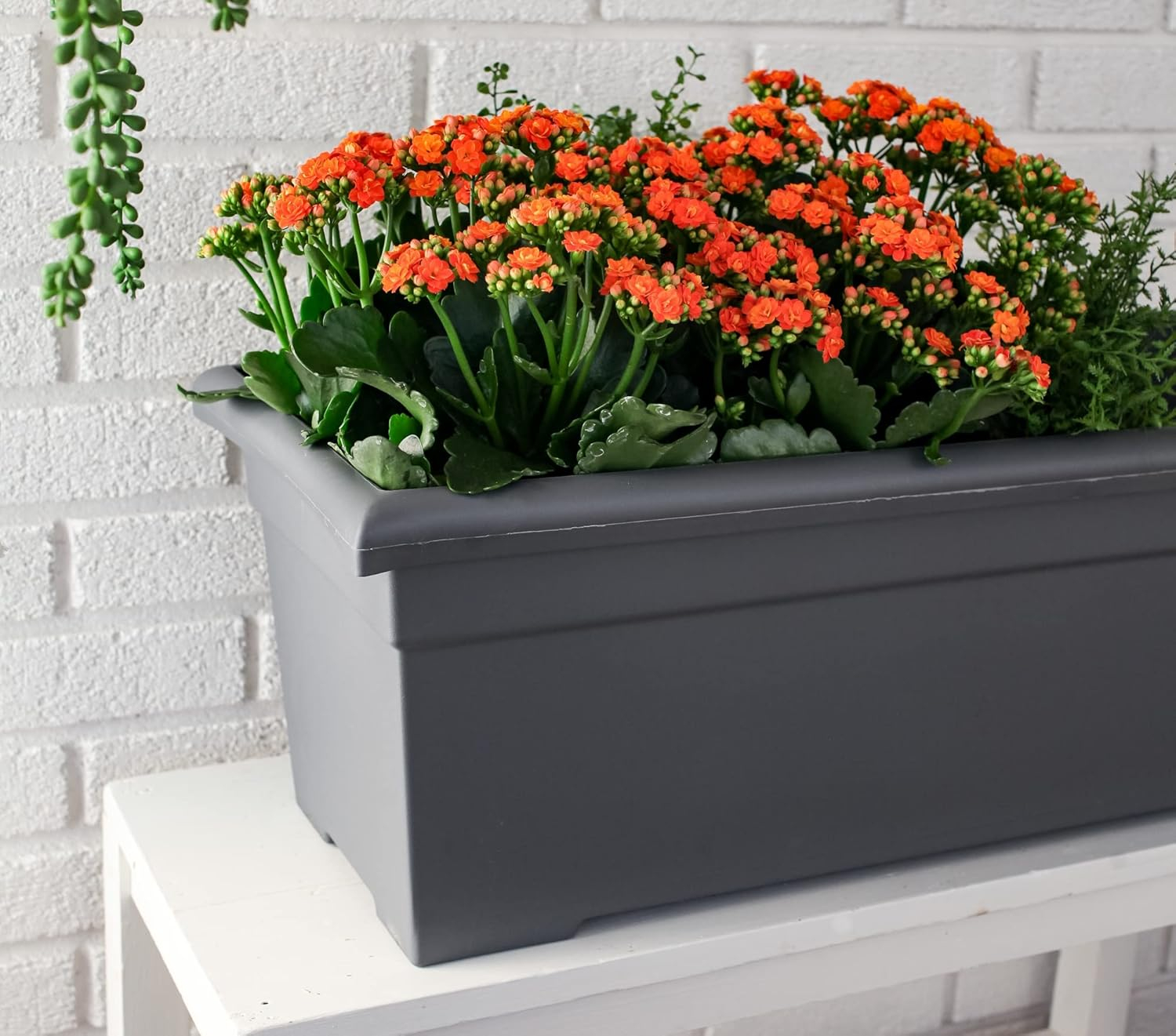 The HC Companies 28 Inch Romana Large Rectangular Planter Box - Lightweight Plastic Outdoor Plant Pot with Drainage for Decks, Patio, Pool, Warm Gray
