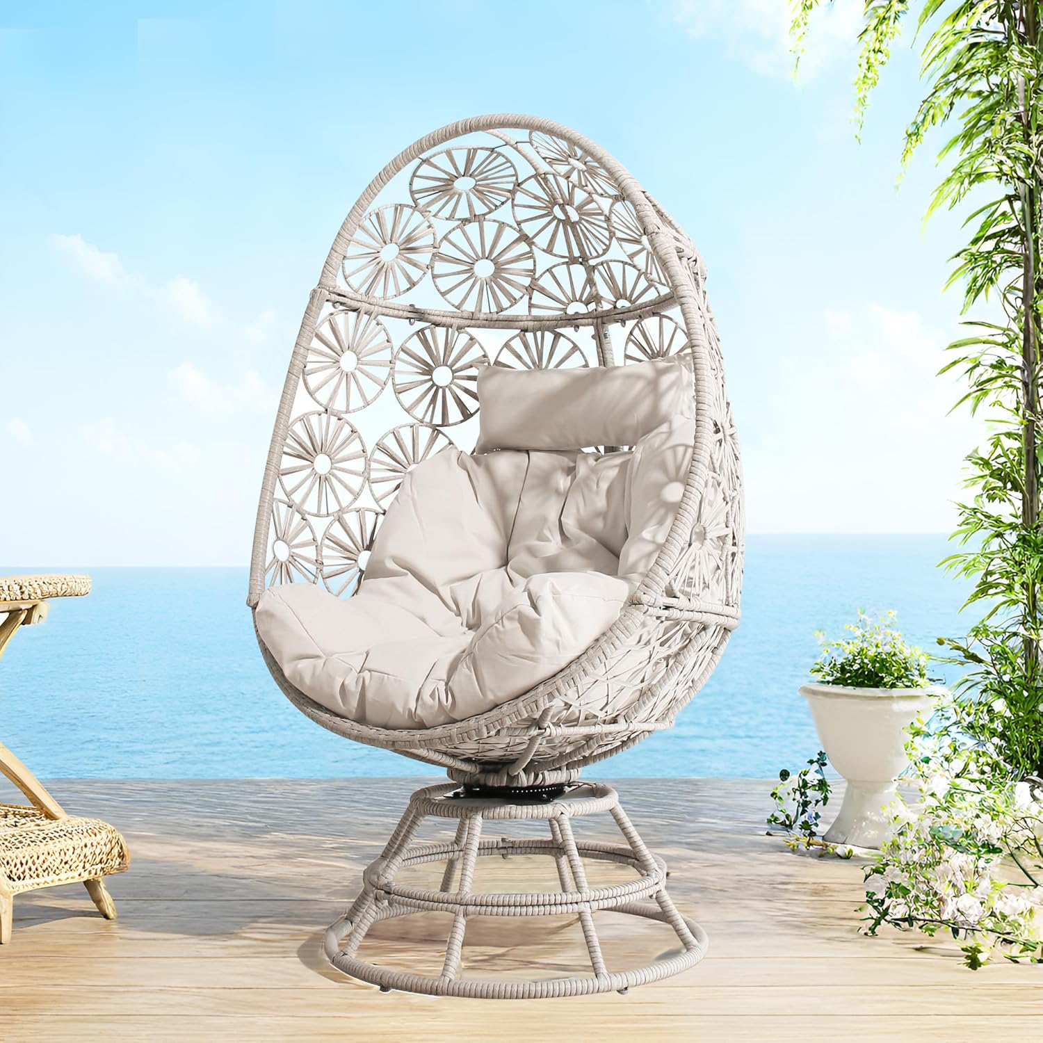 Ulax Furniture Wicker Egg Chair Indoor Outdoor Swivel Lounge Egg Chair with Cushions for Patio, Backyard, Living Room