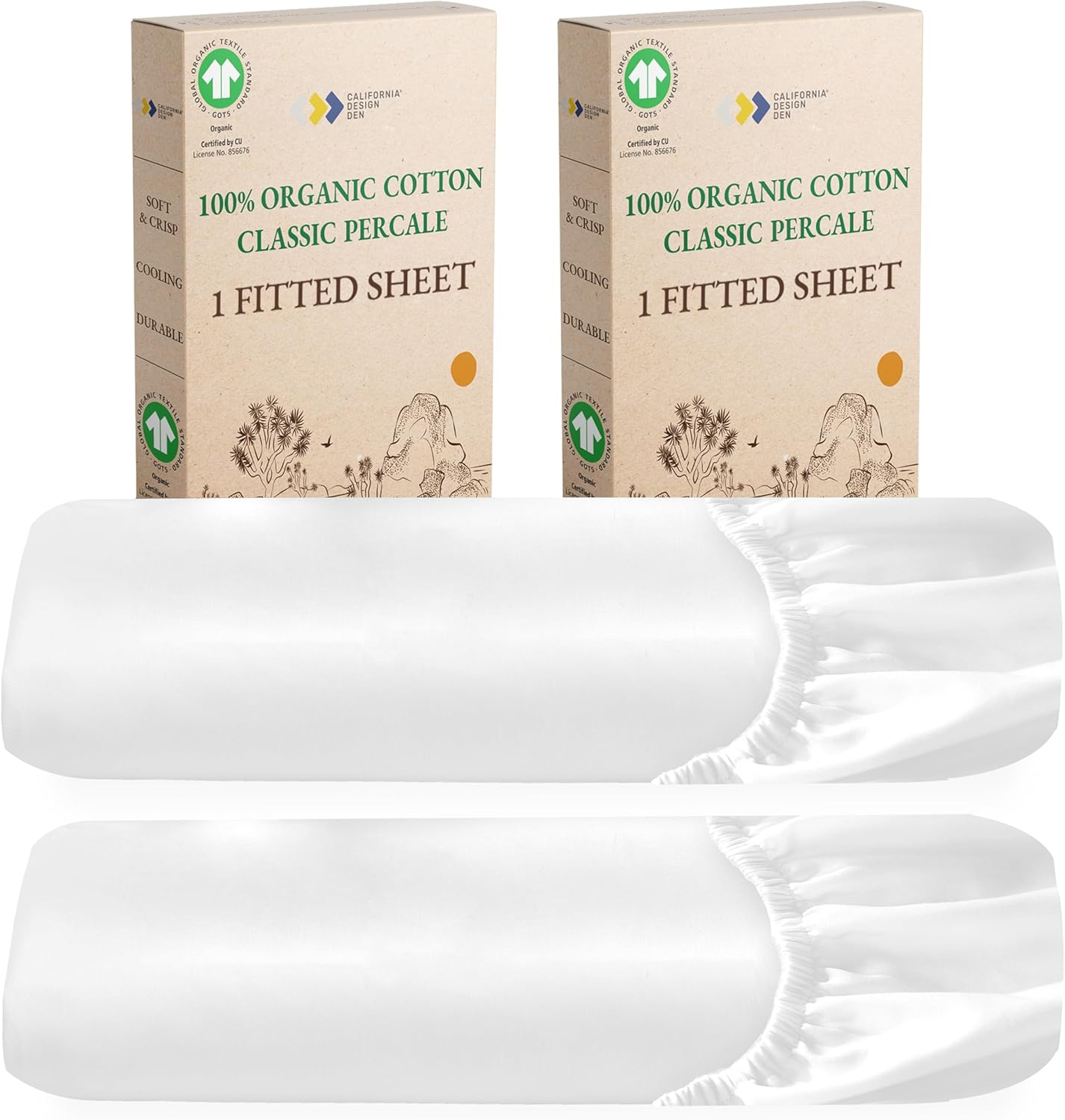California Design Den 2-Pack 100% Organic Cotton Fitted Sheet Queen Size, Cooling Percale Weave, Lightweight & Crisp With Snug-Fit, Queen Deep Pocket Fitted Sheet Only -Bright White