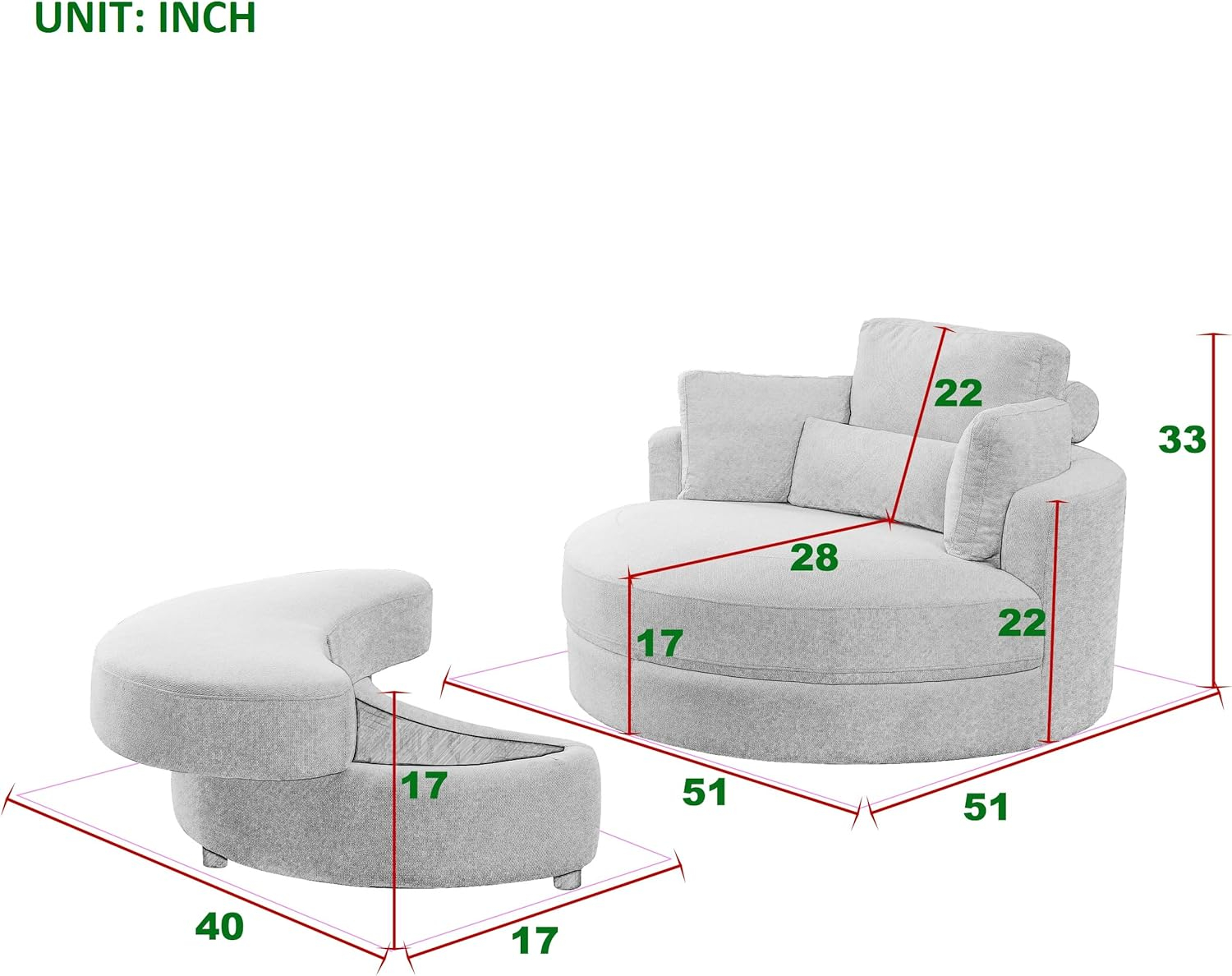 Modern 51" Oversized Swivel Accent Barrel Chair with Storage Ottoman, Club Big Round Cuddle Chair Sofa Lounge for Living Room Hotel Corner Reading (Linen Dark Gray)