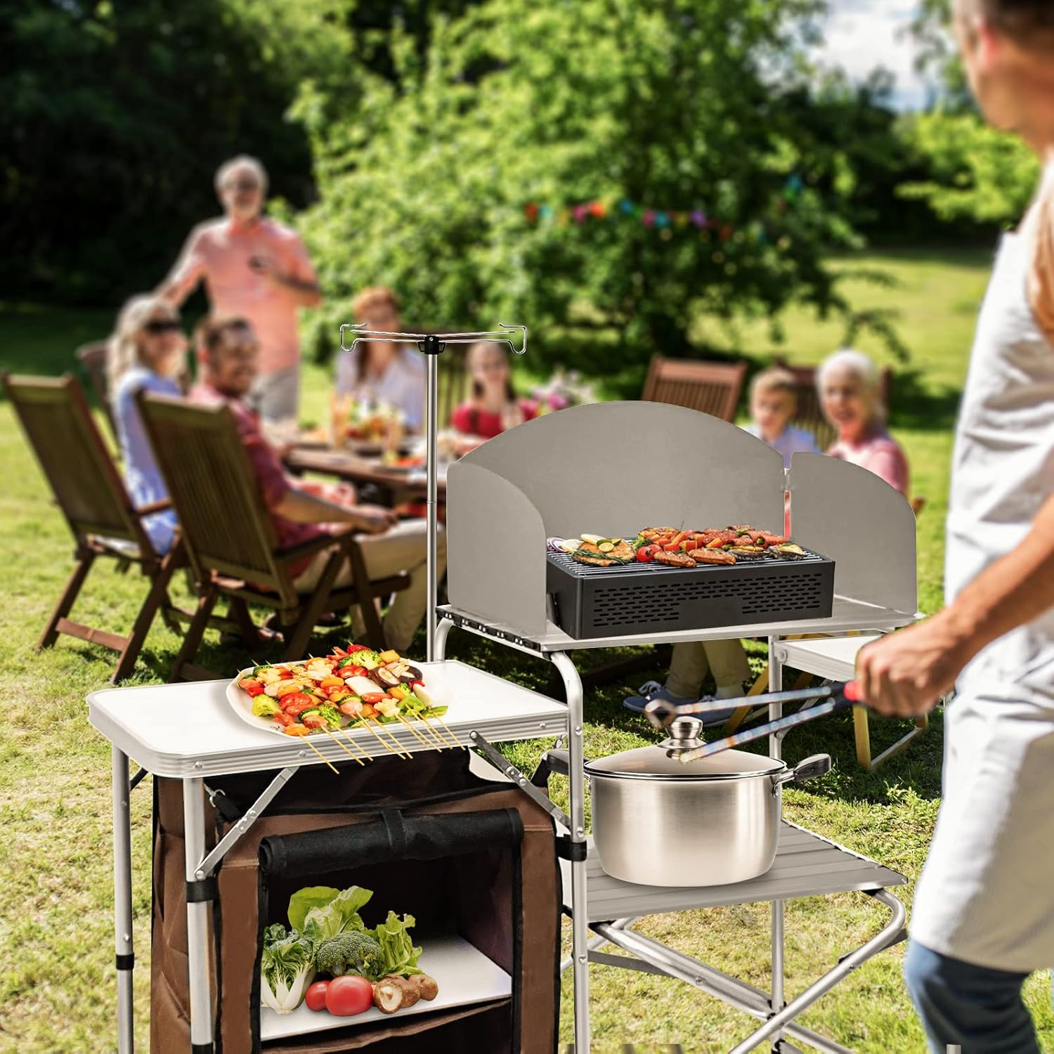 CampLand Folding Cooking Table Outdoor Portable Cook Station Aluminum Camping Kitchen with Storage Organizer, Windscreen, Hooks for BBQ, Party