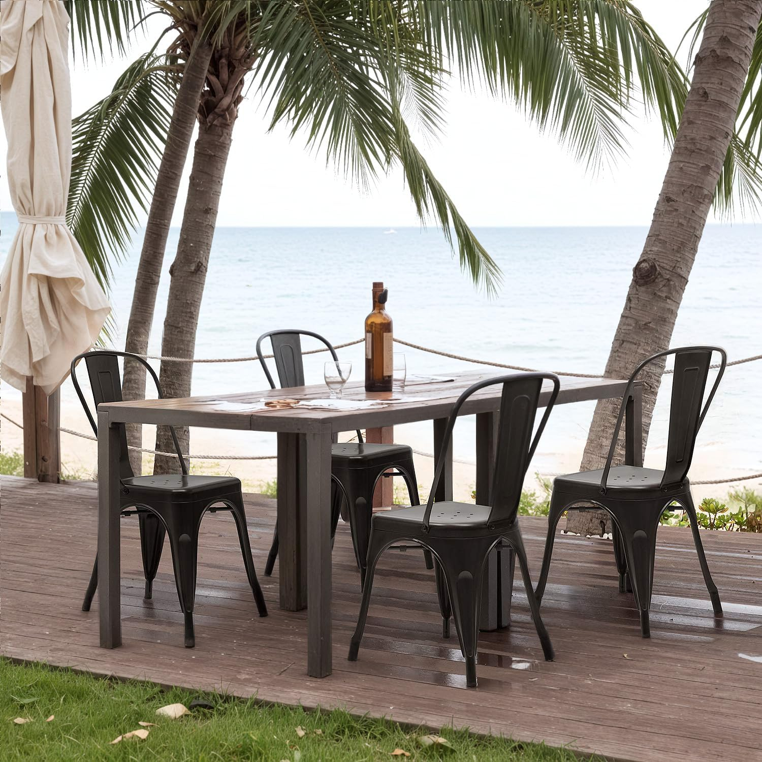 JUMMICO Metal Dining Chair Stackable Indoor Outdoor Industrial Vintage Chairs Bistro Kitchen Cafe Side Chairs with Back Set of 4 (Black)