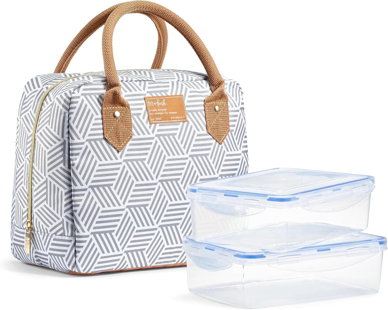 Fit + Fresh Bloomington Womens Lunch Bag, Insulated Lunch Box With Containers, Grey Seaport