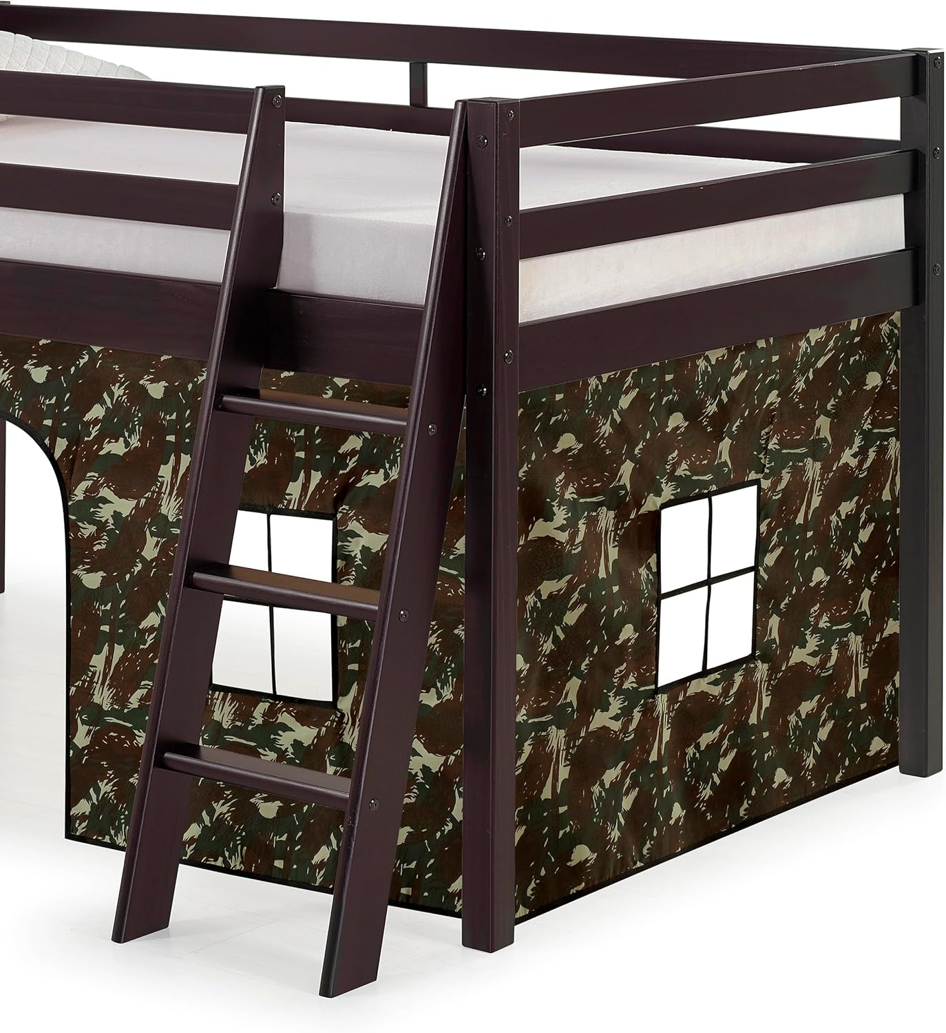Alaterre Furniture Roxy Junior Loft - Espresso with Green Camo Bottom Tent