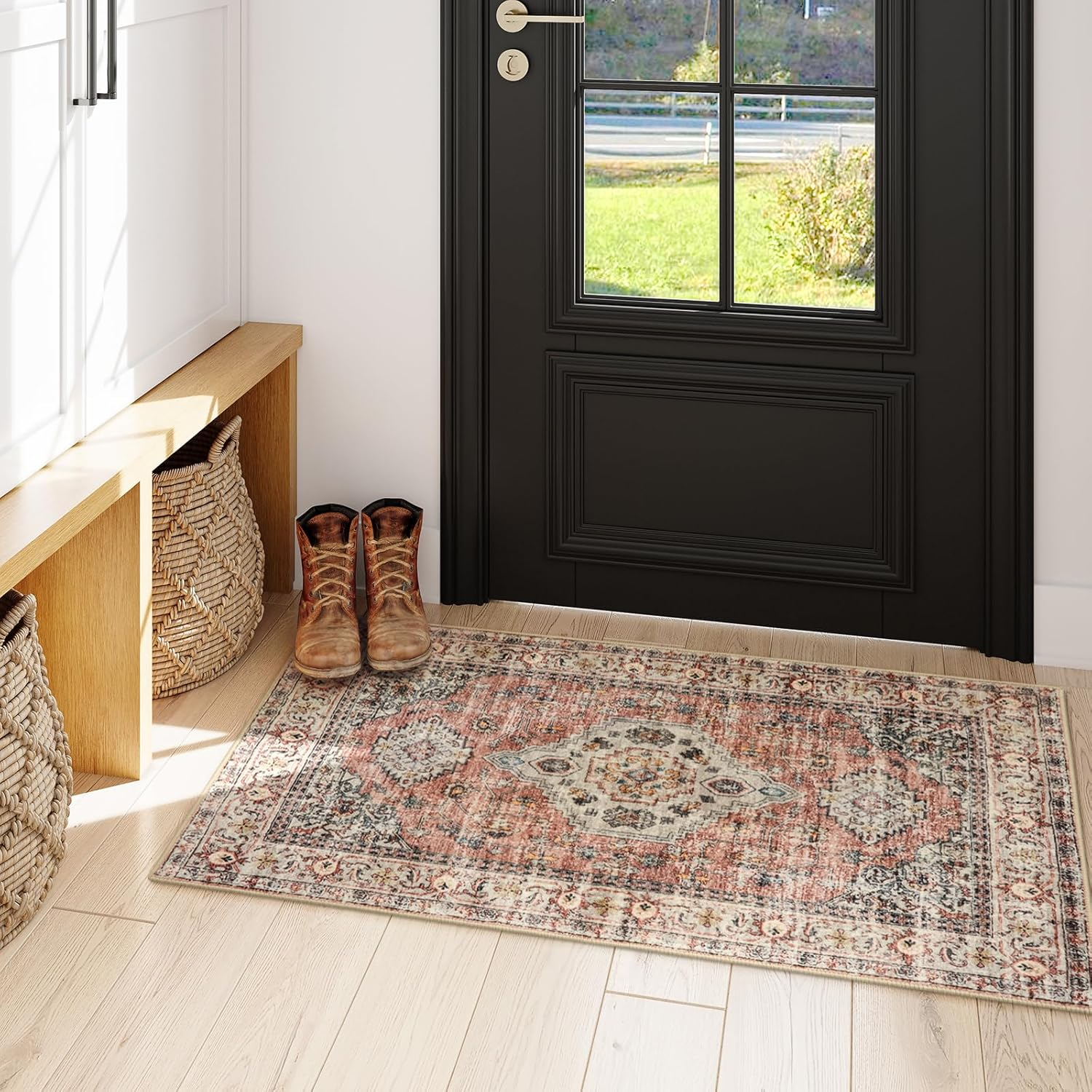 Lahome Oriental Small Area Rug, 2x4 Soft Washable Rugs for Entryway Kitchen, Non-Slip Ultra-Thin Indoor Door Mat Distressed Vintage Small Carpet for Bathroom Bedroom, Peach/Orange