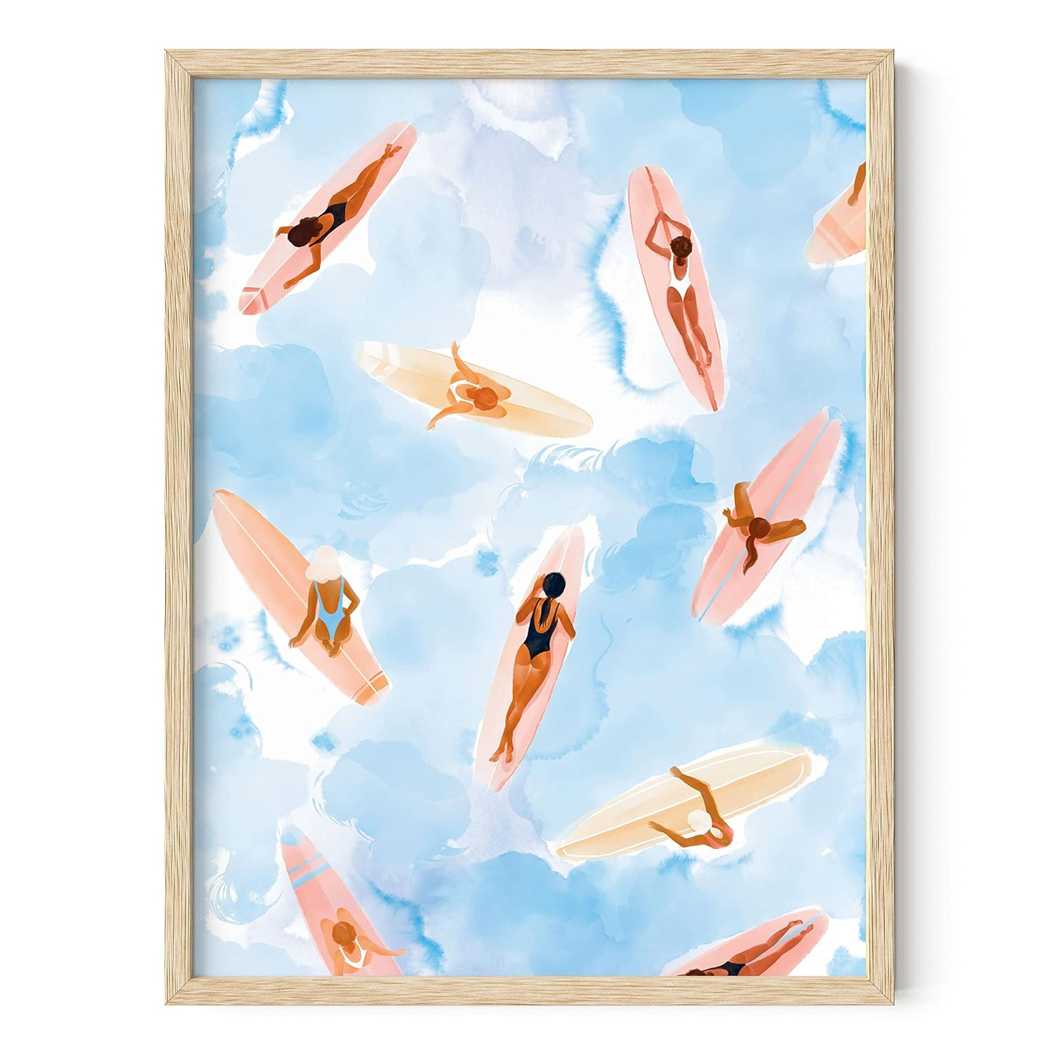 Beige Framed Watercolor Surfboard Beach Scene Poster