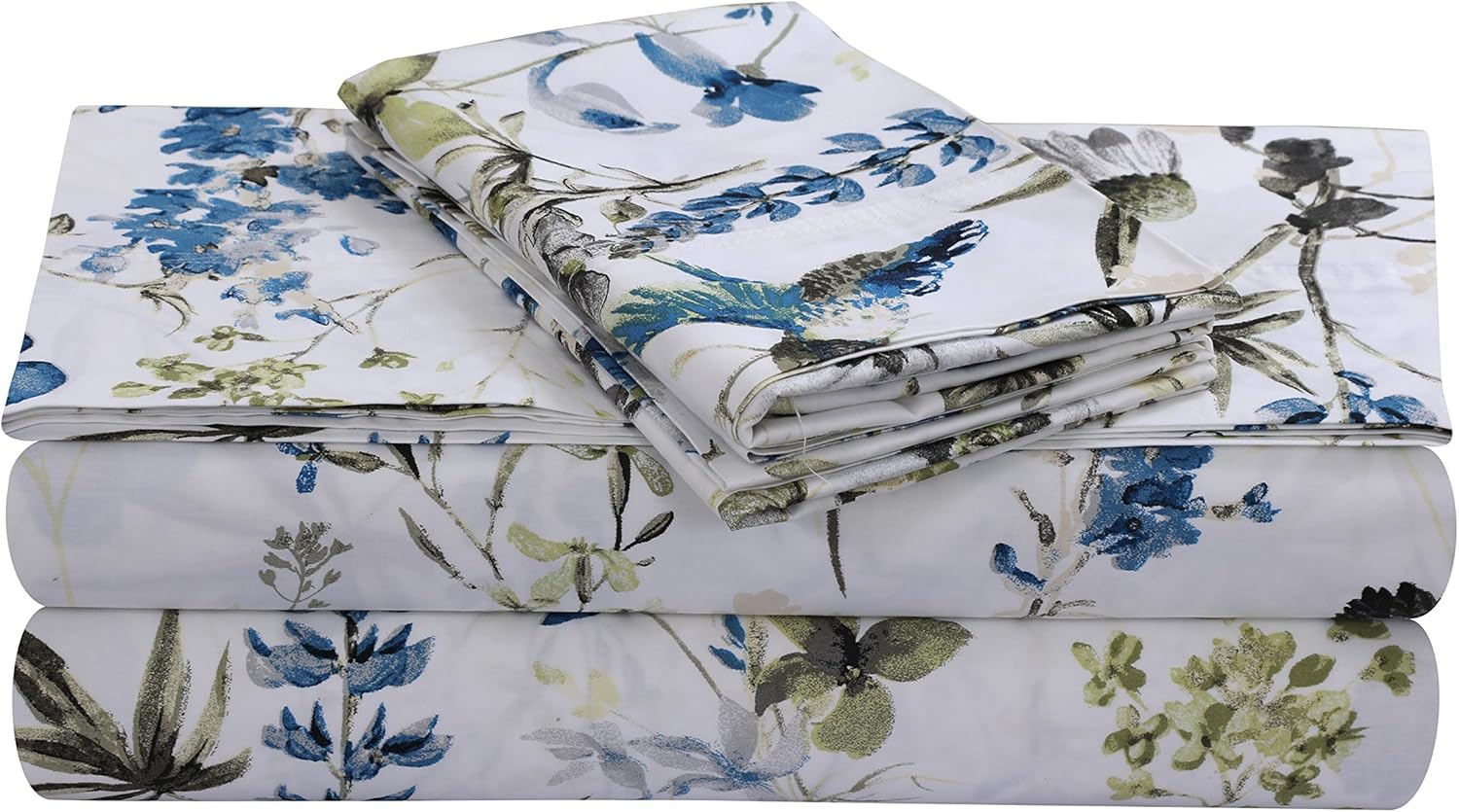 Tribeca Living Standard Cotton Sateen Pillowcases Size Set of 2 Pillow Covers, Floral Print, 300 Thread Count, Luxury Bedding, Amalfi Blue