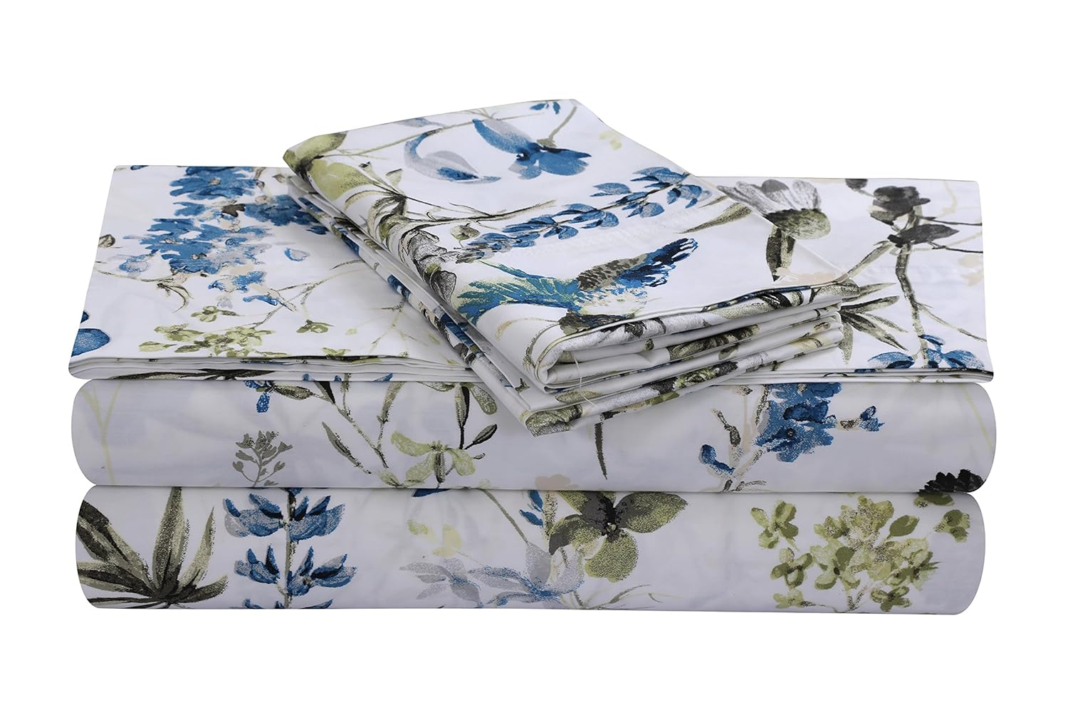 Tribeca Living Standard Cotton Sateen Pillowcases Size Set of 2 Pillow Covers, Floral Print, 300 Thread Count, Luxury Bedding, Amalfi Blue