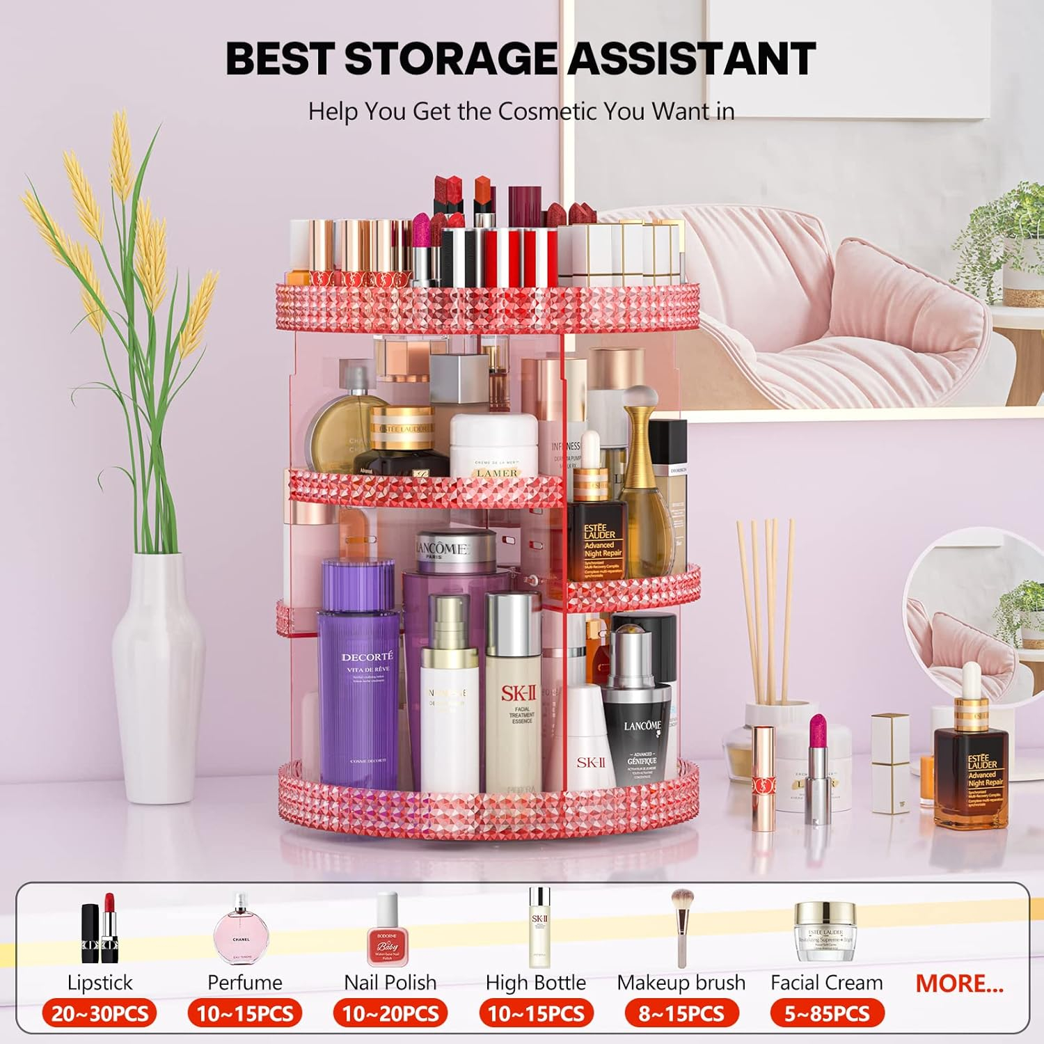 360 Degree Rotating Makeup Organizer, Extra Large Capacity Perfume Holder Organizer, Removable 7 Layers Cosmetics Organizer, Make Up Organizer For Countertop Storage Skincare or More (Pink)