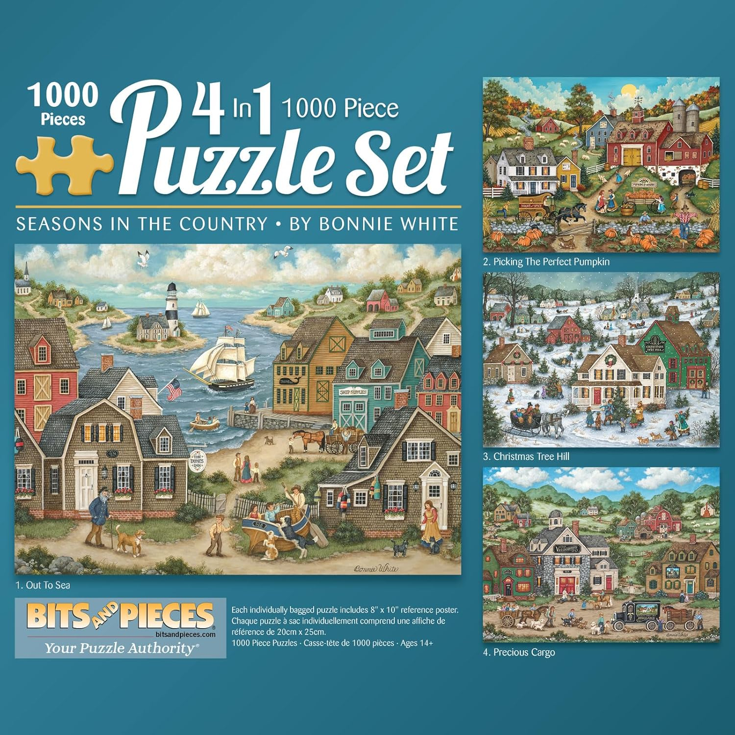 Bits and Pieces Set Of 4 1000 Piece Jigsaw Puzzles Seasons in The Country by Bonnie White 20" x 27"