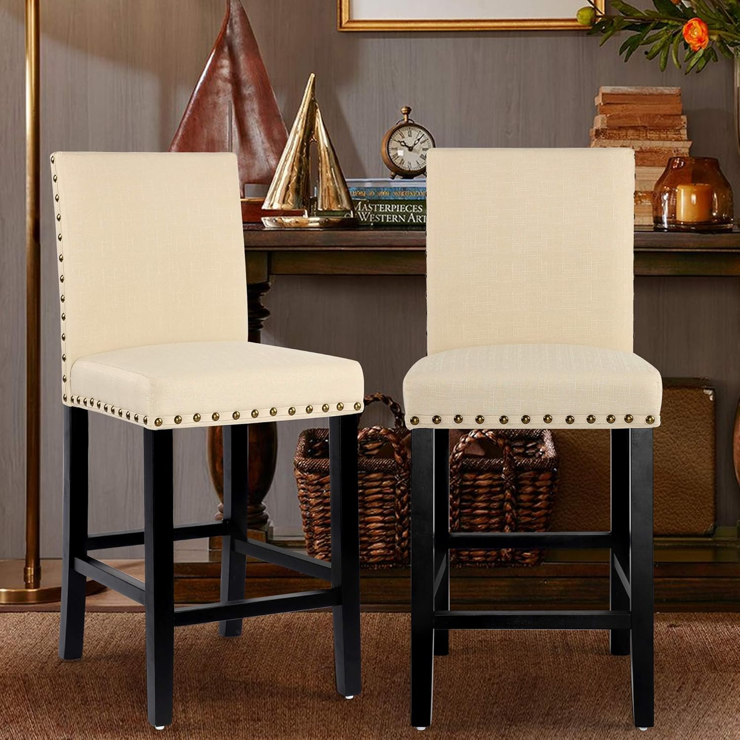 Alieon Counter Stools Nail Head Decoration 24” Soft Cushions with Solid Wood Legs (Set of 2 Beige)