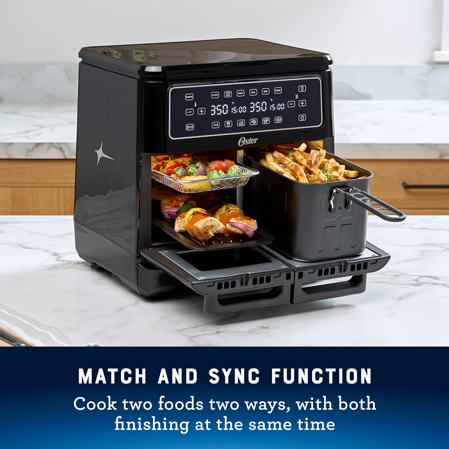 Oster 11-Quart Flex Air Fryer Oven, Dual Air Fryer with 2 Cooking Zones, with 6 Cooking Functions, Large Air Fryer with 2 Frying Baskets