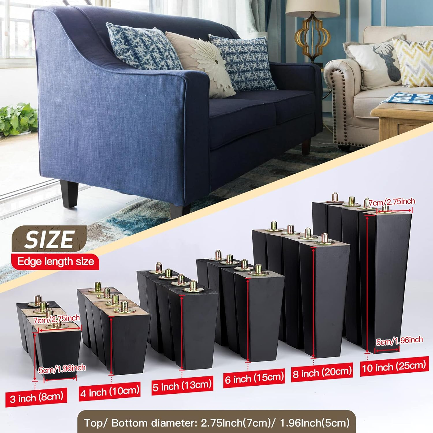 6 Inch Wood Furniture Legs, Wooden Couch Sofa Leg Feet Set of 4, Mid-Century Modern Black Square Replacement Legs for Sectional Nightstand Armchair Recliner Table Dresser Sideboard