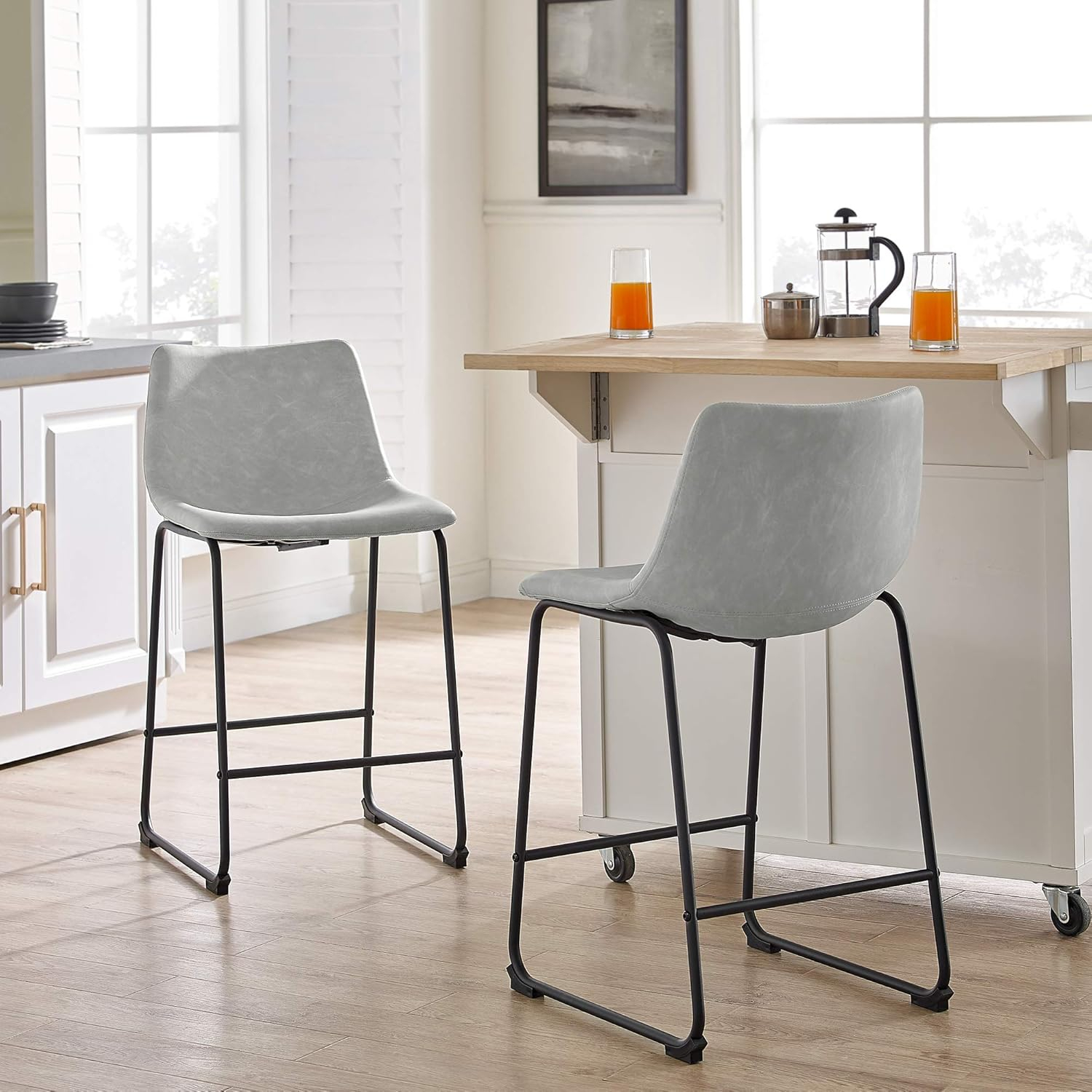 Walker Edison Full Back Faux Leather Counter Stools, Set of 2, Grey