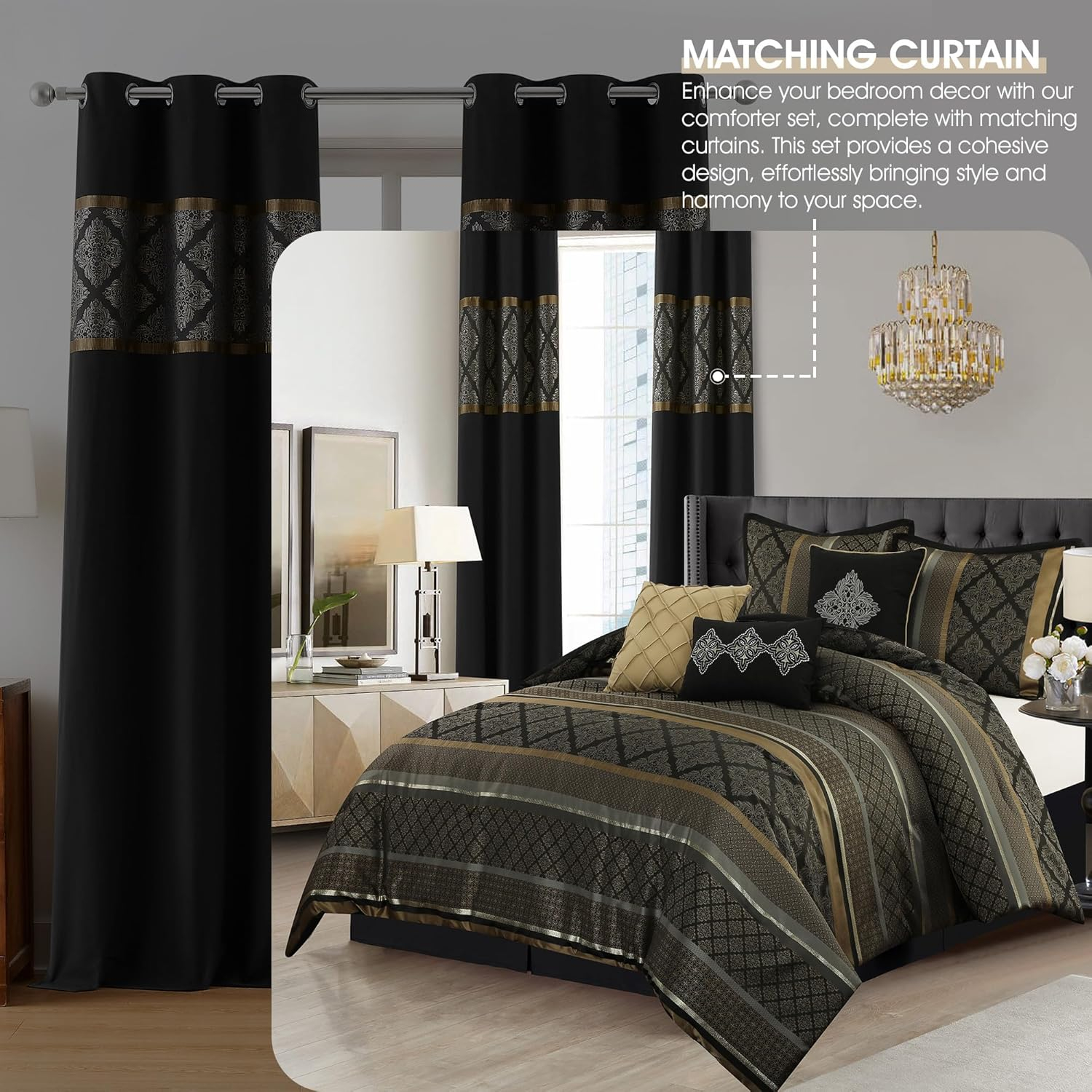 Nanshing Markus 9 Piece Traditional Damask Comforter Set, Black Gold, Queen