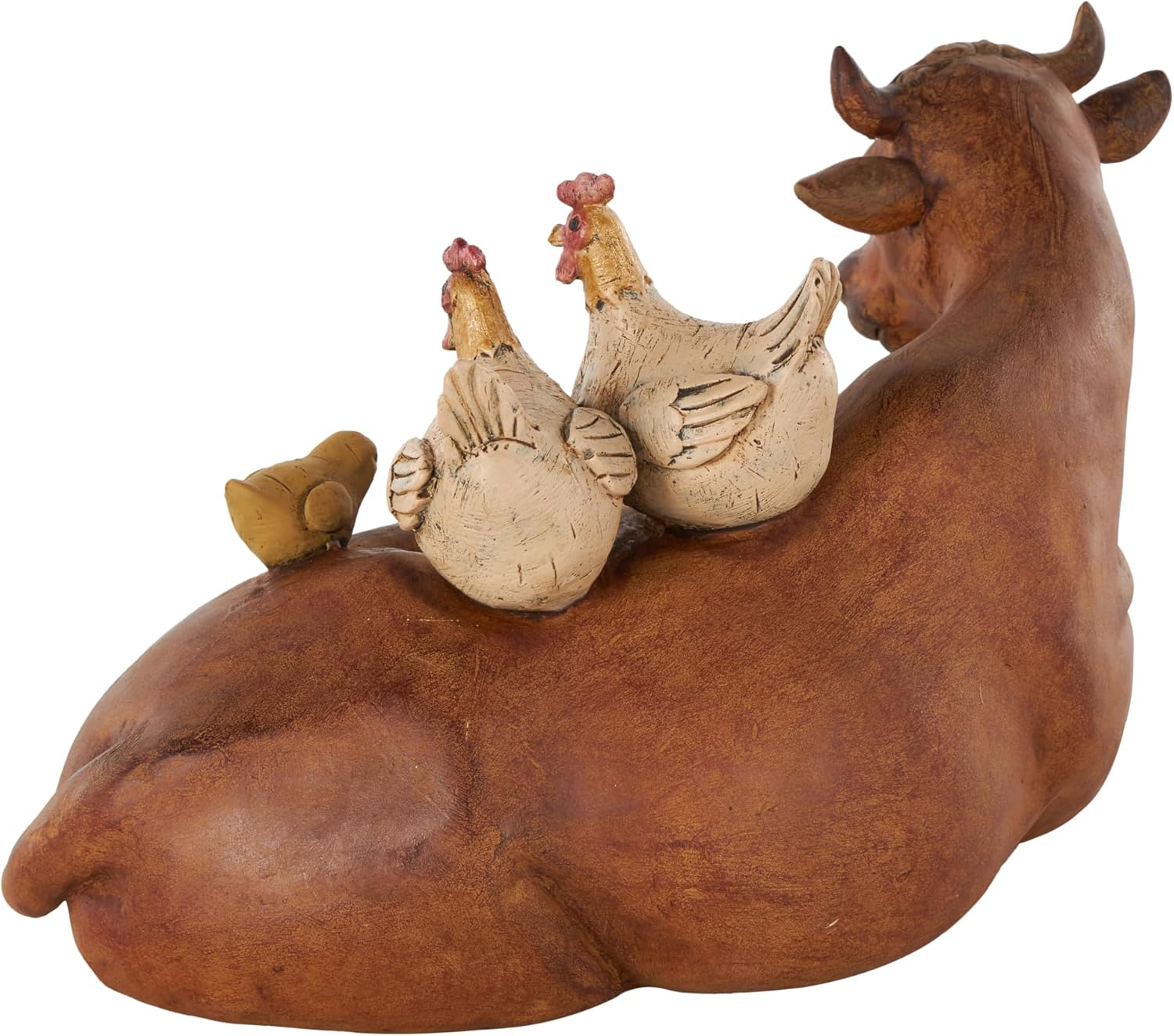Deco 79 Polystone Cow Sculpture with Sitting Roosters and Chicks, 12" x 6" x 7", Copper