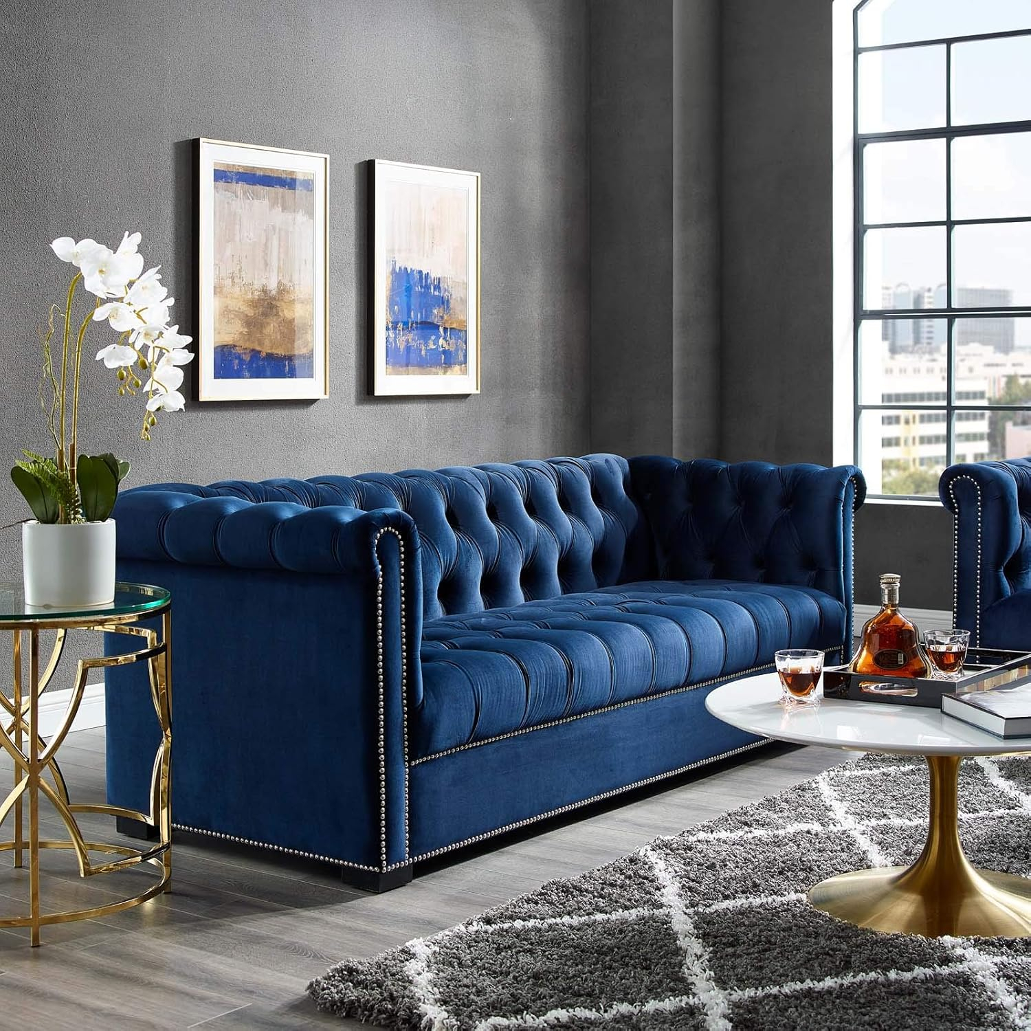 Modway Heritage Performance Velvet Sofa in Midnight Blue