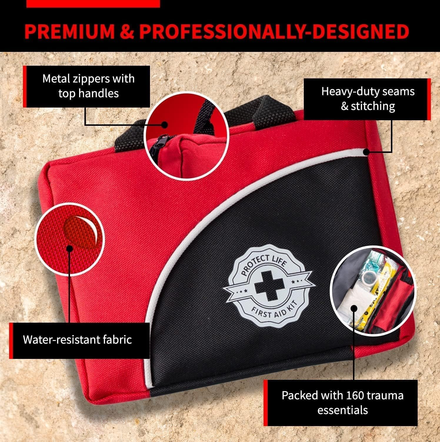 Protect Life First Aid Kit for Home/Business, HSA/FSA Eligible Emergency Kit Travel First Aid Kit Mini | Camping First Aid Kit Hiking | Small First Aid Kit for Car | Survival Medical Kit - 160pcs