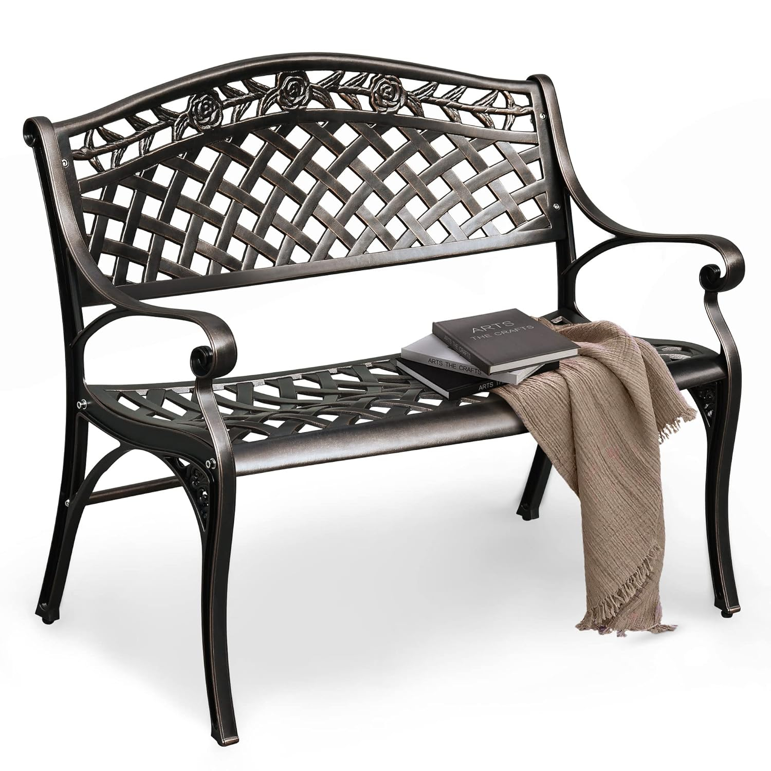 DWVO Cast Aluminum Outdoor Bench, 39.4’’ Patio Garden Benches for Outdoors, Metal Frame Patio Bench for Backyard, Lawn, Deck, Porch, Park, Bronze