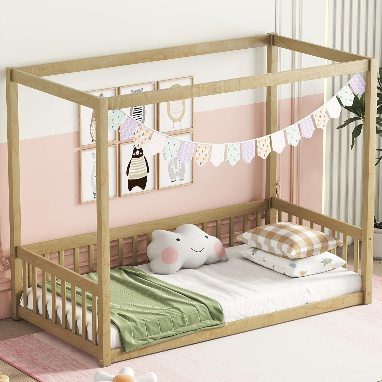 Canopy Frame Twin Size Floor Bed for Kids Bedroom,Wood Bed Frame with Fence for Boys/Girls/Teens,No Box Spring Needed,Natural