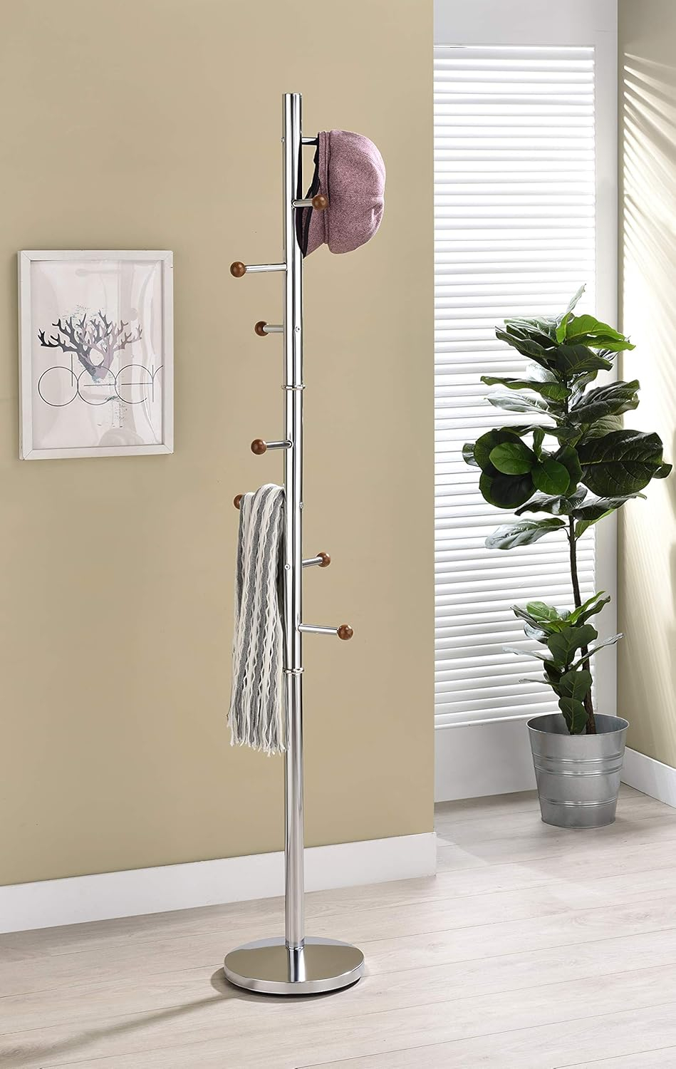 King's Brand Furniture 8-Hook Coat Rack Hall Tree, Chrome/Walnut