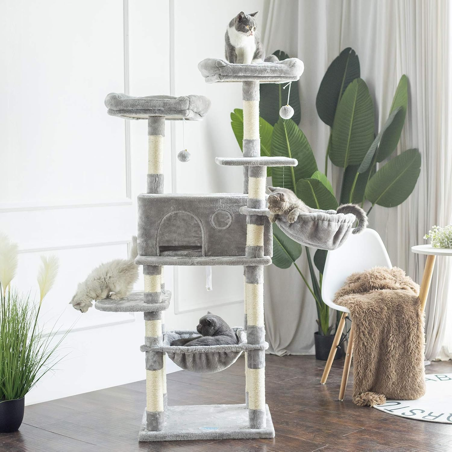 Hey-brother Cat Tree for Large Cats, Cat Tower with Scratching Posts, 2 Padded Plush Perches, Big Condo and Cozy Basket, Smoky Gray MPJ025G
