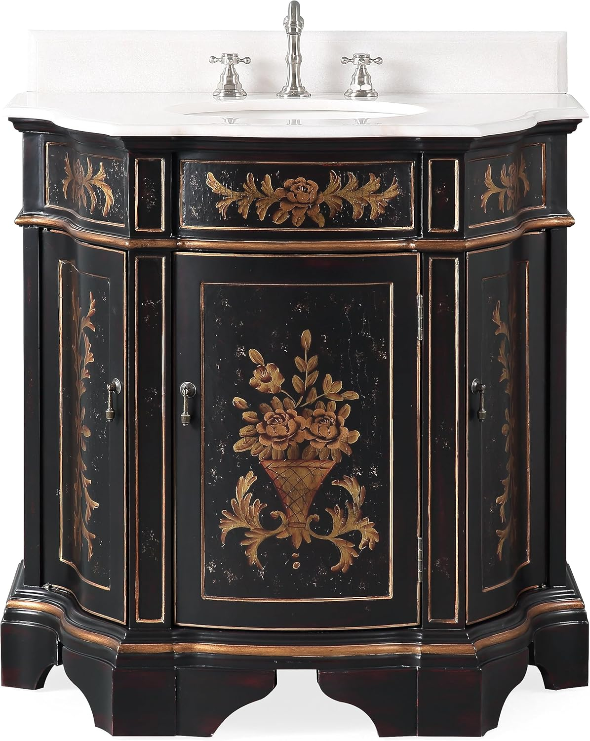 35" Black and Gold Hand-Painted Floral Bathroom Vanity with Marble Top
