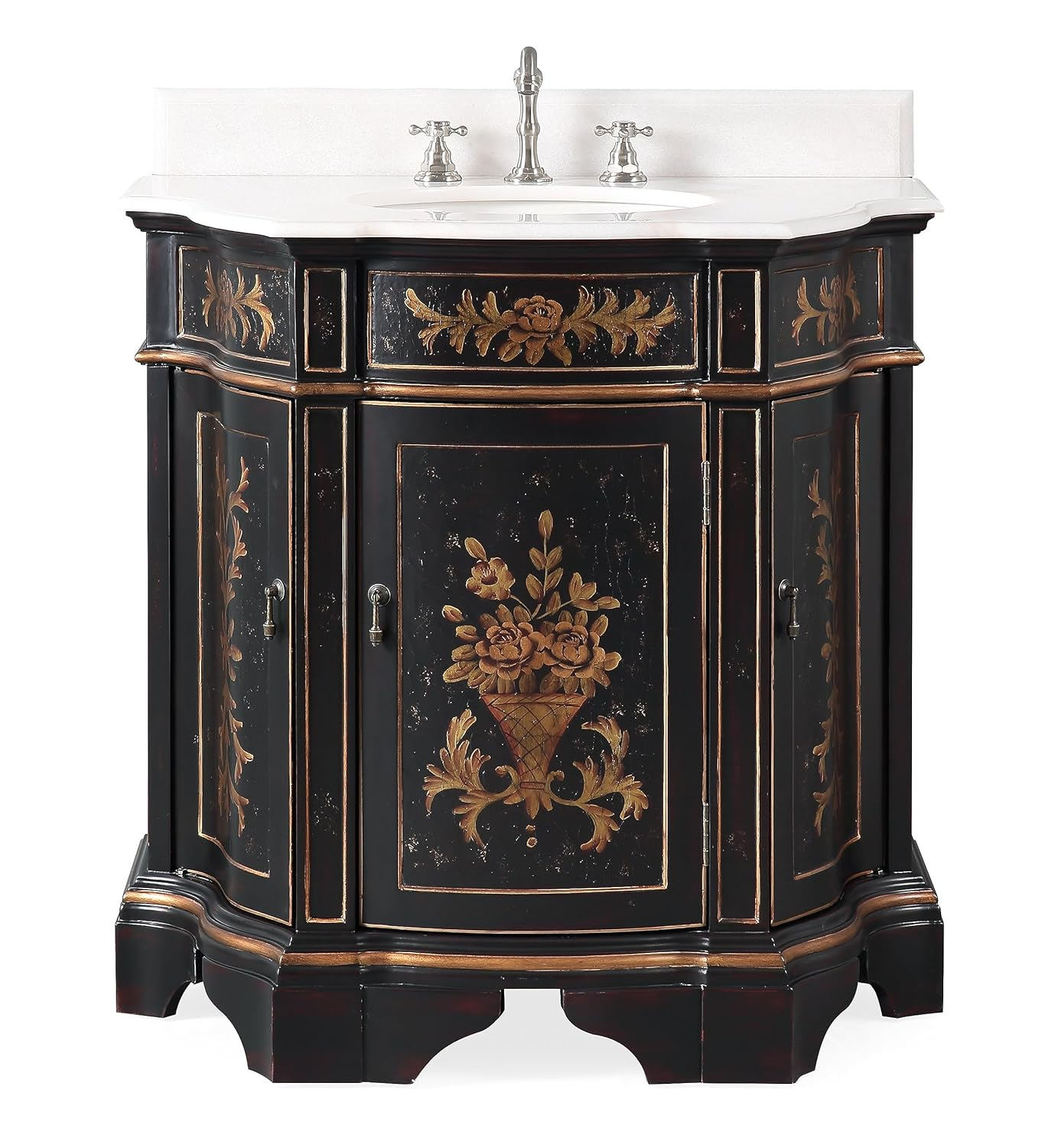 35" Black and Gold Hand-Painted Floral Bathroom Vanity with Marble Top