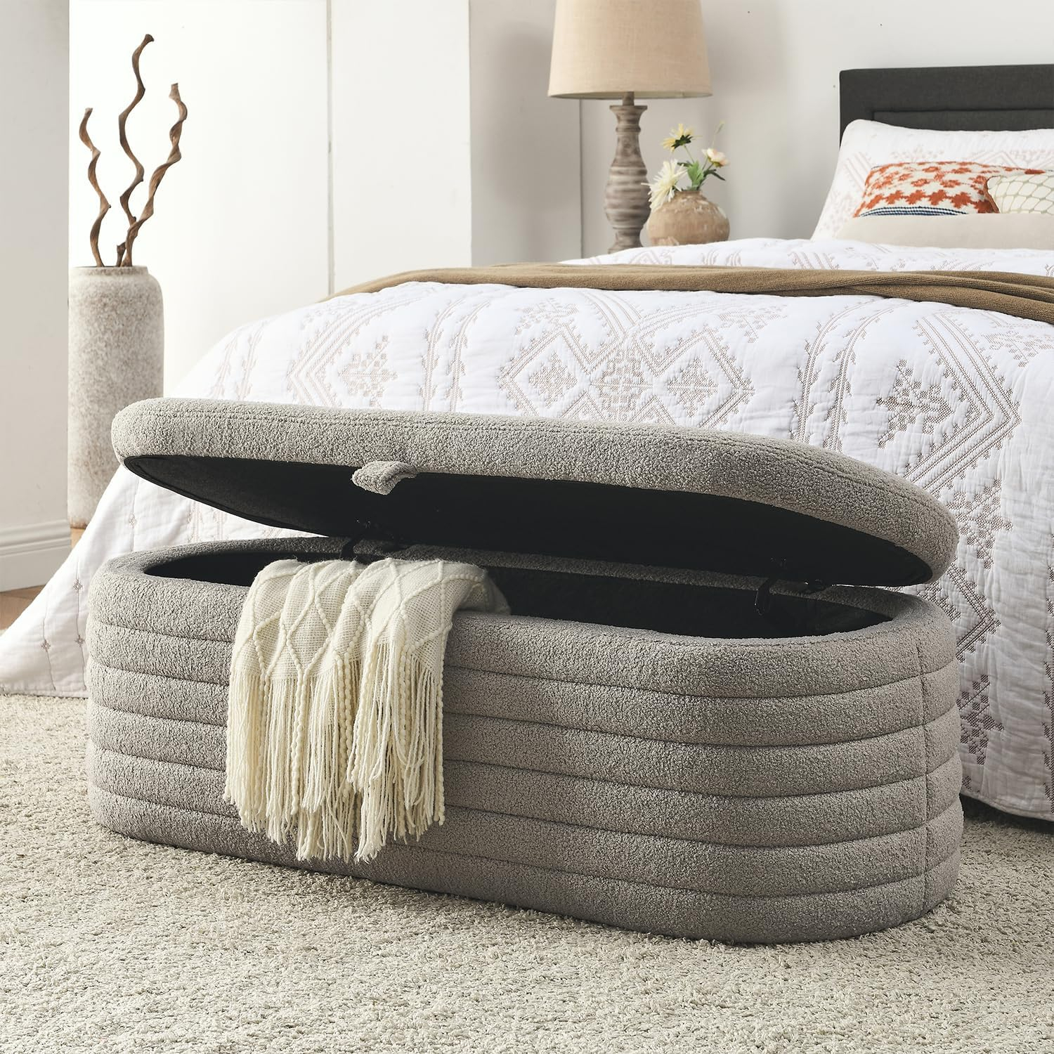 Gray Upholstered Fabric Storage Ottoman Bench with Safety Hinge