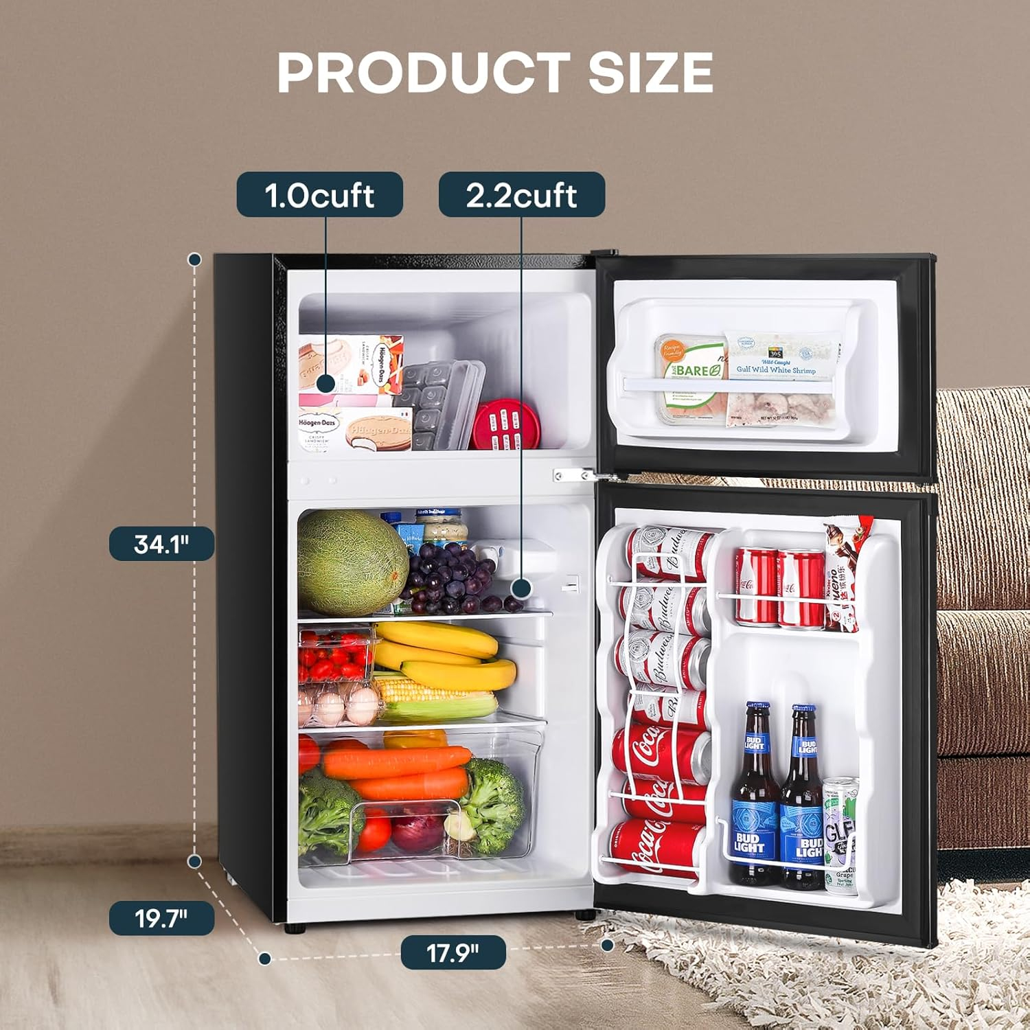 Upstreman 3.2 Cu.ft Mini Fridge with Freezer, Double Door Refrigerator-Classic Stainless