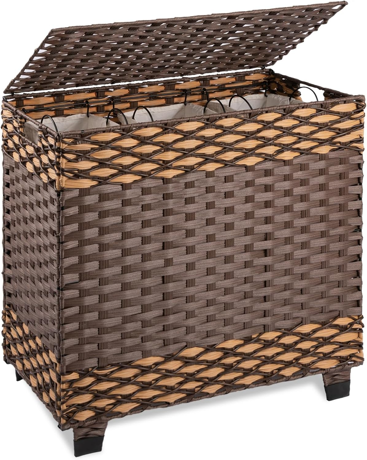 OIAHOMY Laundry Hamper with Lid, 140L Clothes Hamper with 3 Removable Liner Bags, Foldable Basket with Lid, Synthetic Wicker Laundry Basket for Bedroom, 27x 13 x 26 Inches, Brown