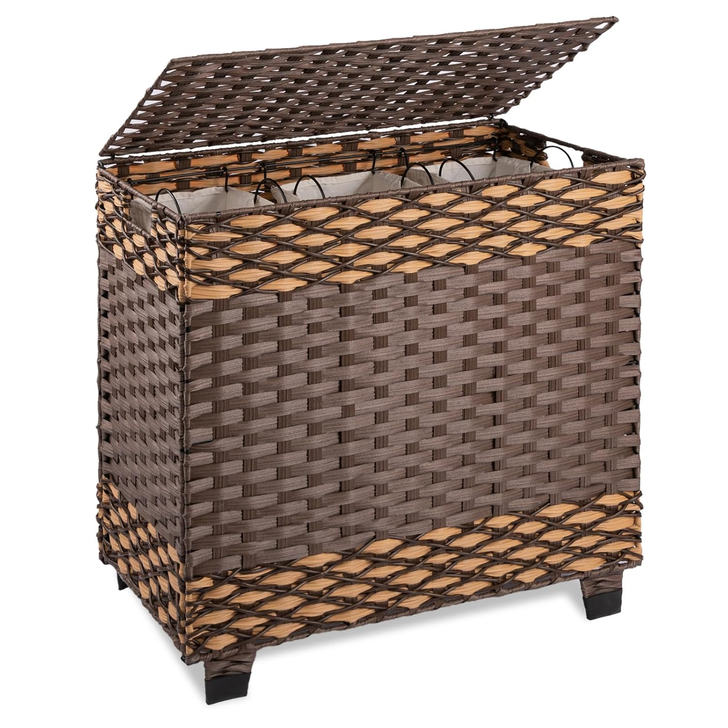OIAHOMY Laundry Hamper with Lid, 140L Clothes Hamper with 3 Removable Liner Bags, Foldable Basket with Lid, Synthetic Wicker Laundry Basket for Bedroom, 27x 13 x 26 Inches, Brown