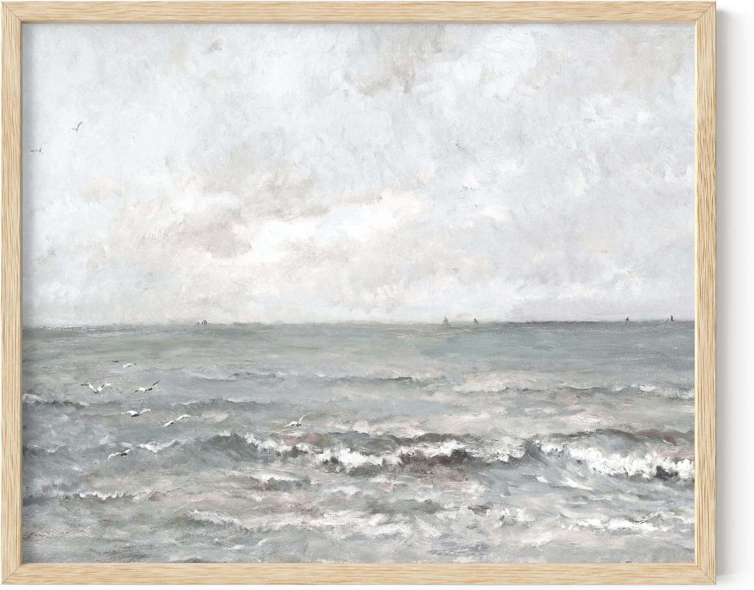 Vintage Coastal Landscape Painting in Oak Frame, 8" x 10"