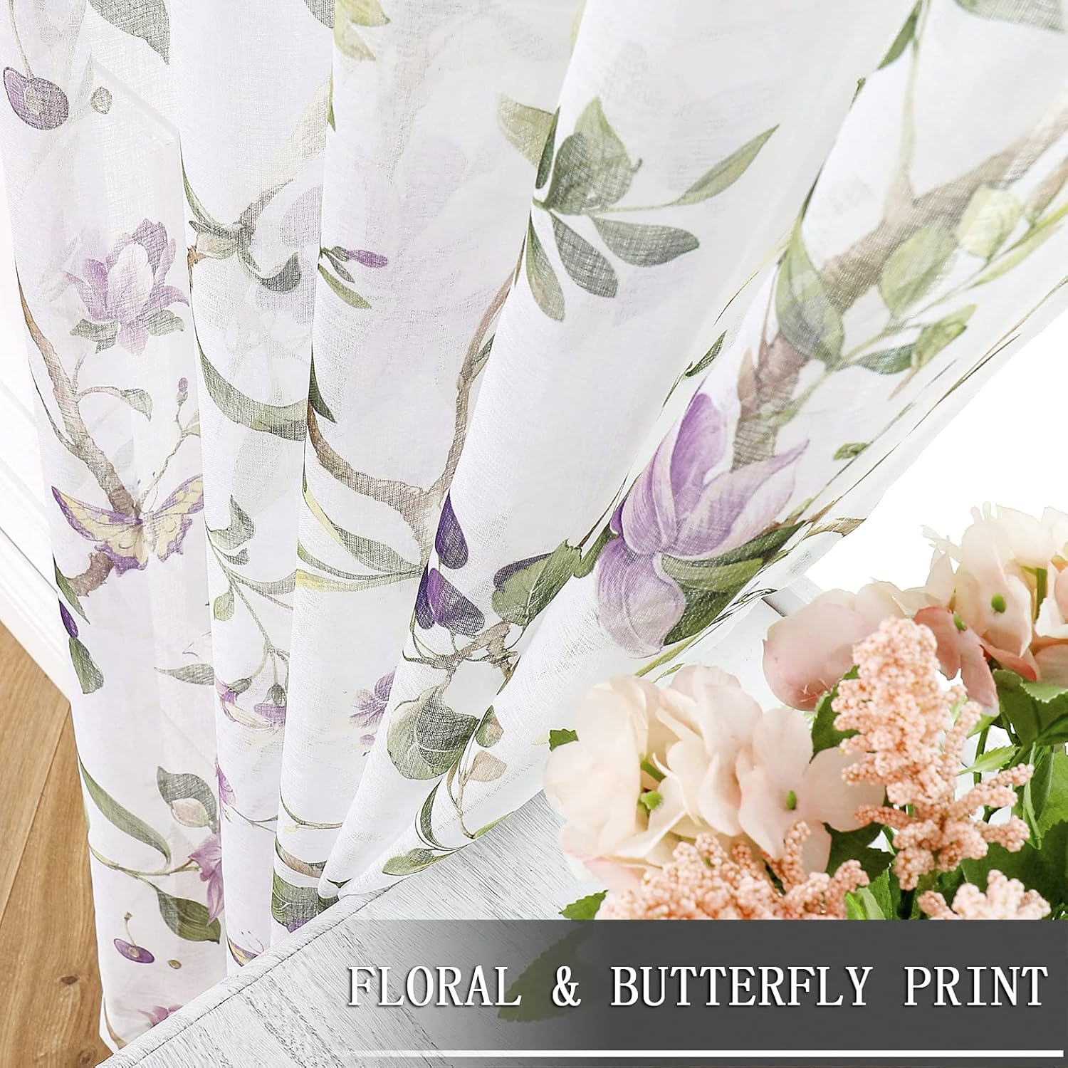 Tollpiz Floral Sheer Curtains Purple Cherry Flower Butterfly Print Living Room Curtain Rod Pocket Voile Linen Look White Sheer Curtains for Bedroom, 54 x 63 inches Long, Set of 2 Panels