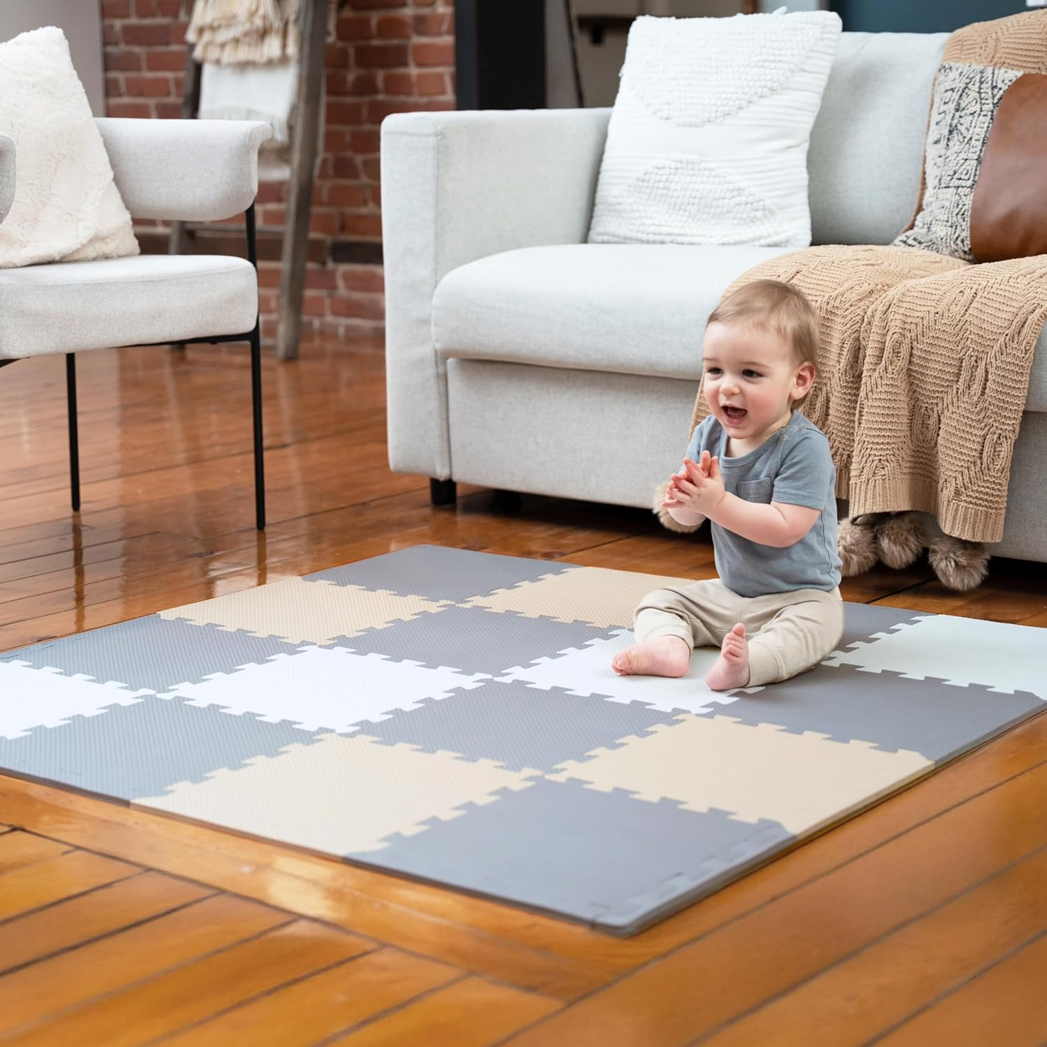 MioTetto Non-Toxic Foam Play Mat for Babies & Kids, Interlocking Puzzle Tiles, Cream-Gray-Beige, 18 Pieces – Perfect for Tummy Time, Crawling, Nursery, Playroom, or Gym