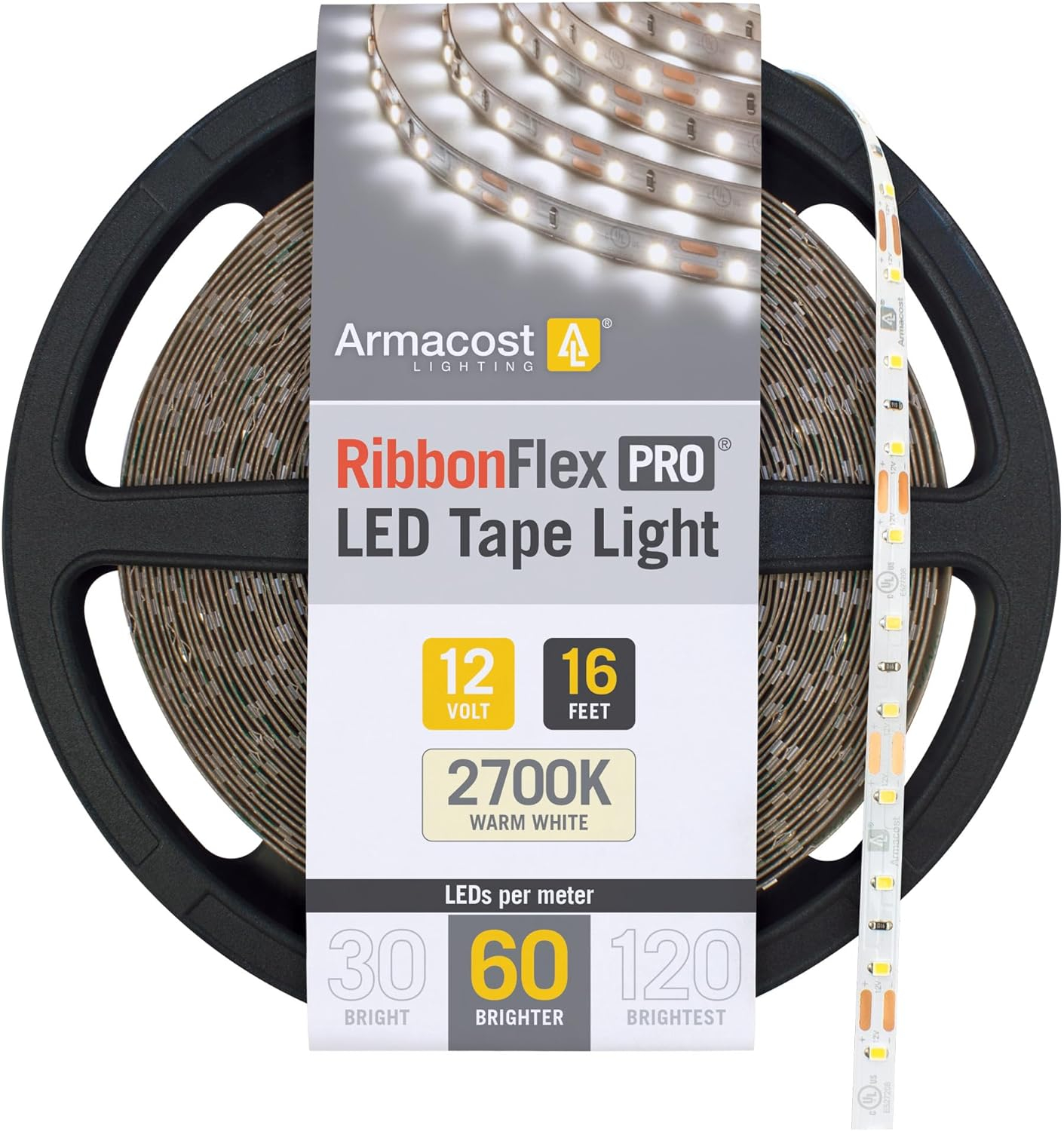 Armacost Lighting 132230 16.4 ft. LED Tape Light Soft White (2700K) RibbonFlex Pro Series 60, Dimmable, 250 Lumens per ft., 12-Volt