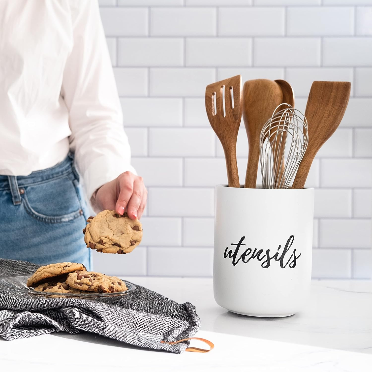 Styled Settings White & Silver Cement Utensil Holder