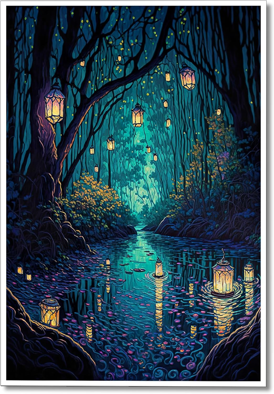 Fantasy Blue Forest Lanterns Canvas Wall Art 16x24