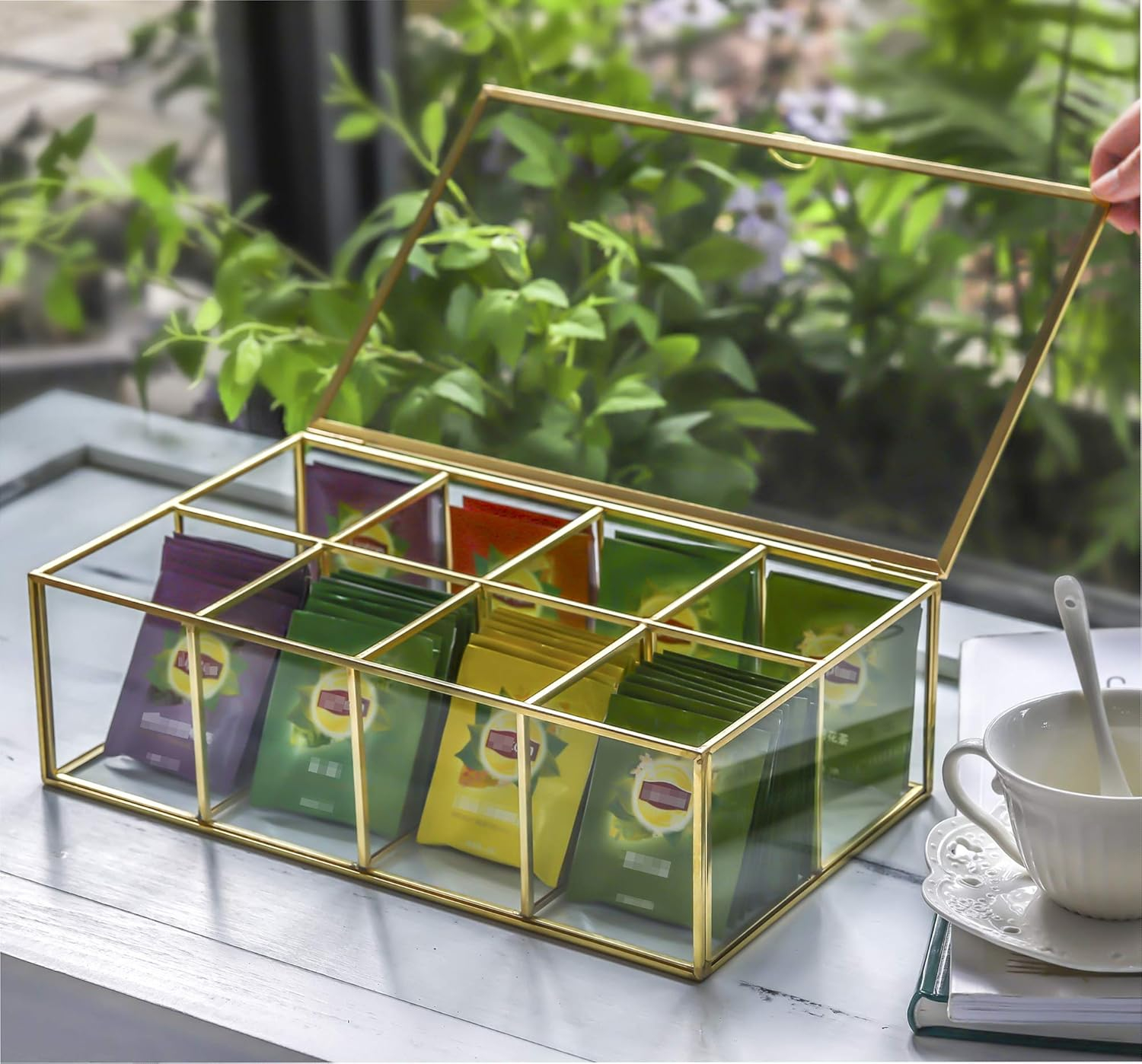 NCYP Glass Tea Bags Organizer, 12" x 7.1" x 3.7" Sugar Packets Storage Box - 8 Grids Compartments Jewelry Container, Indoor Counter Top Brass Display Case with Lid, Gold Decor (Glass Box Only)