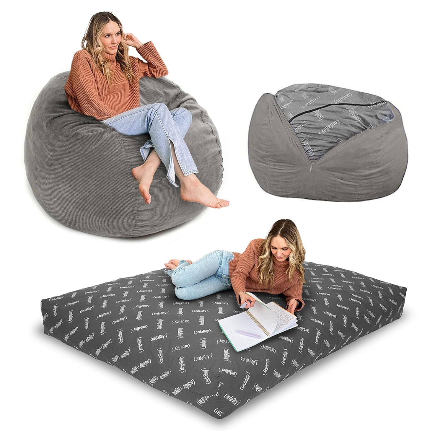 CordaRoy's Convertible Corduroy Full Size Bean Bag Chair, Khaki