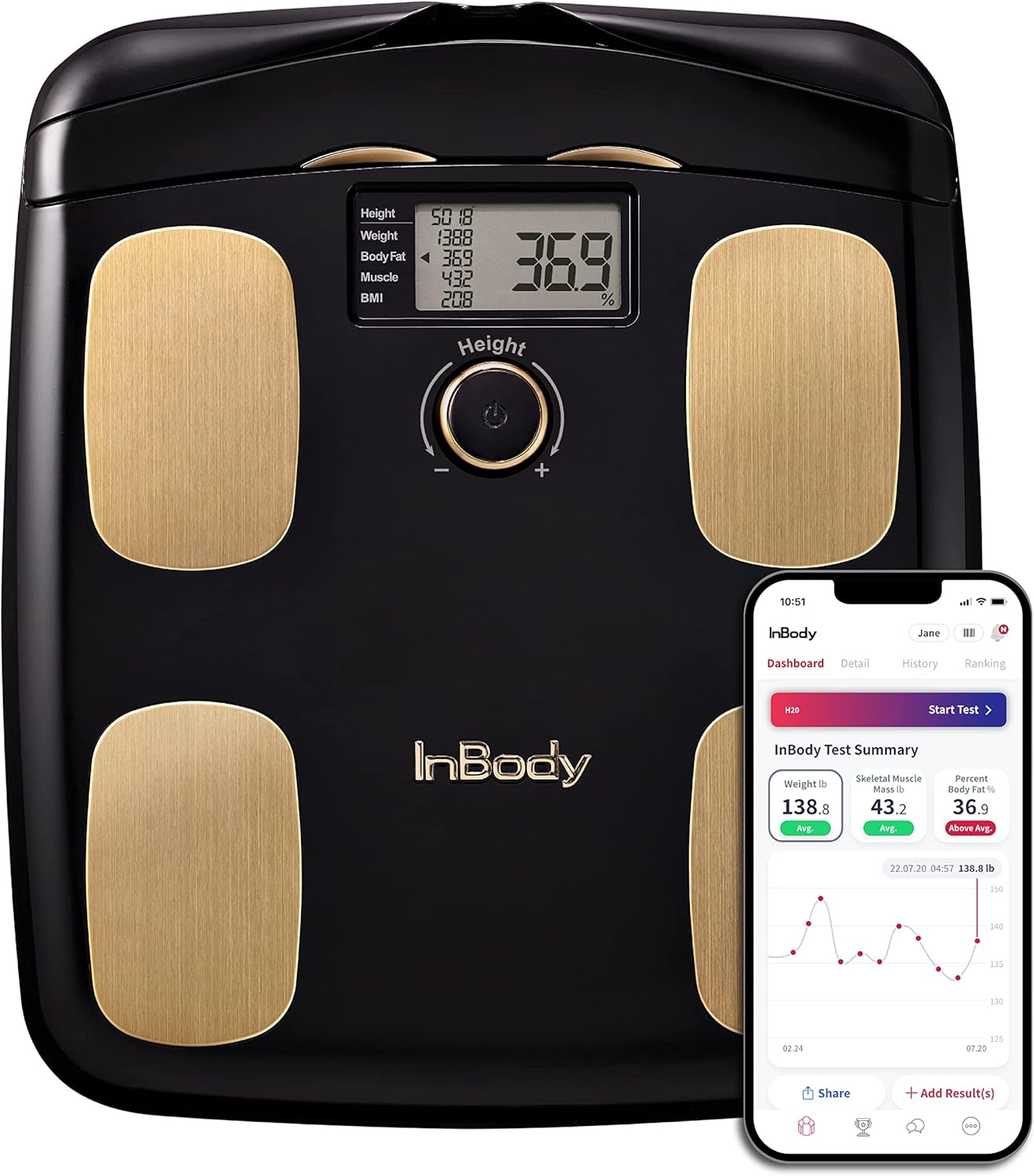 InBody H20N - Smart Full Body Composition Analyzer Scale, BMI, Body Fat, Muscle Mass, Bluetooth Connection - Midnight Black