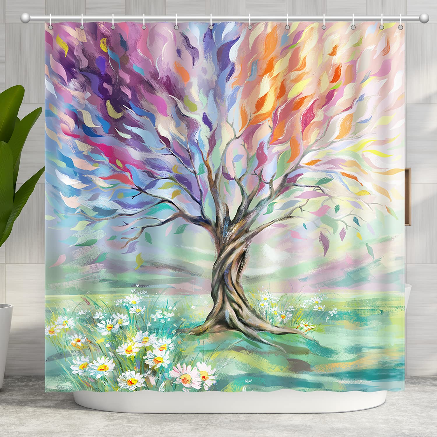 Oil Painting Tree Shower Curtain, Colored Seasons Tree Shower Curtain for Bathroom with 12 Hooks Polyester Fabric Washable Summer Shower Curtain Set Home Office Farmhouse Decor Bath Curtain