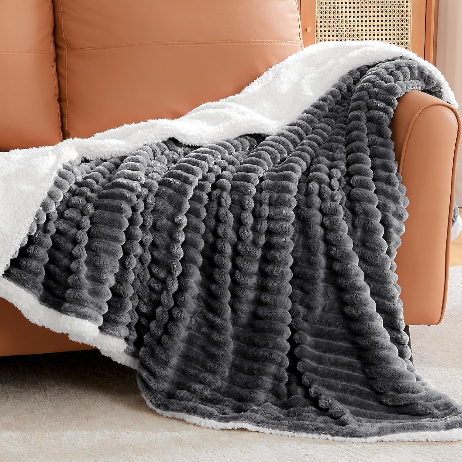 INFIIXSO Sherpa Throw Blanket for Couch - Super Soft & Warm Striped Fleece Blanket, Cozy Plush Fluffy Blanket All Season Use (Grey, 50x60 Inches)
